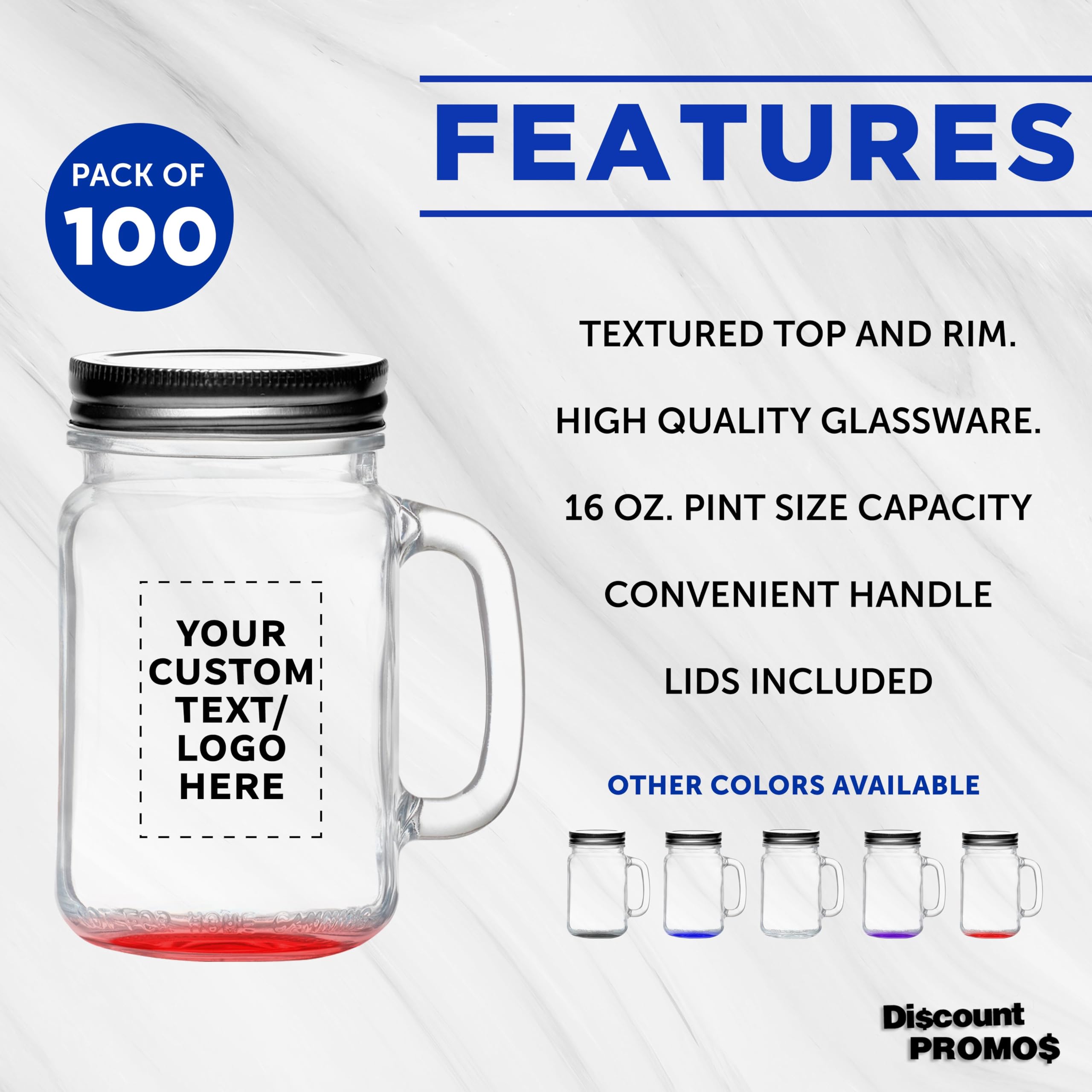 DISCOUNT PROMOS 50 Handle Mason Jars with Lids Set, 16 oz. - Personalized Text, Logo - Traditional style, Drinking, Glassware - Red