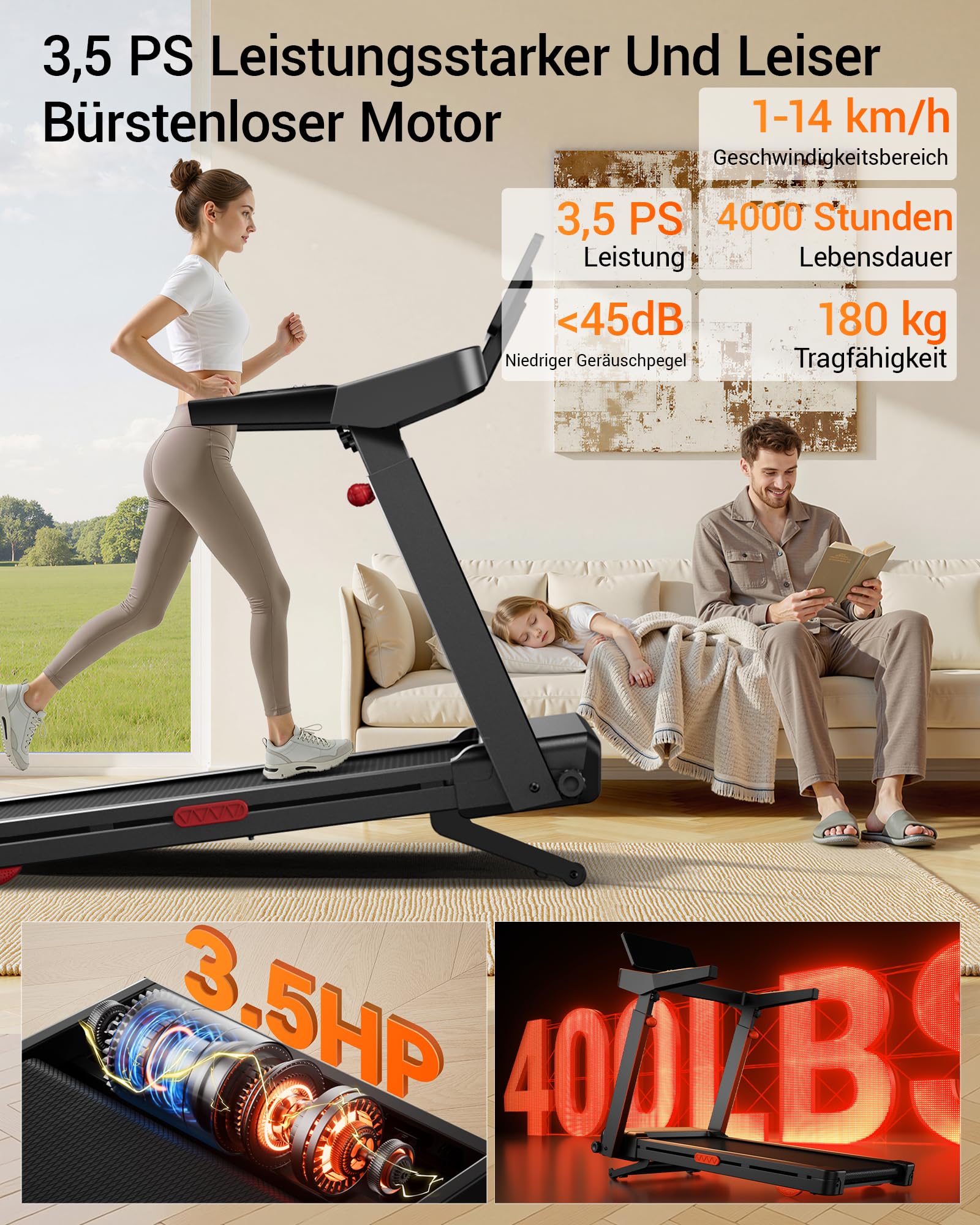 Cursor bieżnia do domu z automatycznym nachyleniem 20% | Bieżnia 14 km/h, z 4-stopniową regulacją konsoli, 3,5 HP Treadmill for Home z wyświetlaczem LED, maks. 180 kg