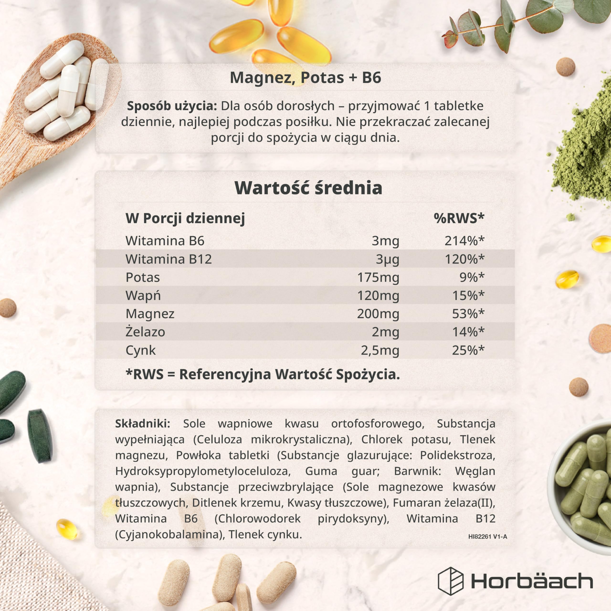 Magnez, Potas i Witamina B6 w Tabletkach | Kompleks z Cynkiem, Wapniem, Witaminą B12 i Żelazem | Kompleks Witamin i Minerałów | 180 Wegańskich Tabletek - Zapas Na 6 Miesięcy | marki Horbaach