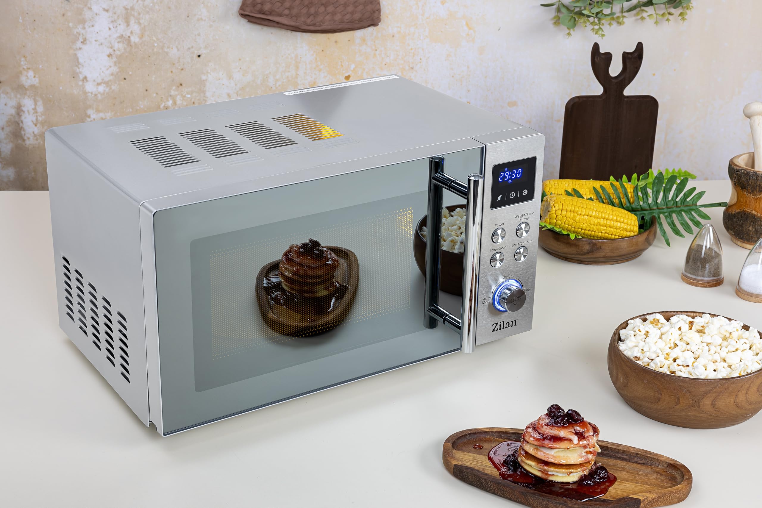 Micro-ondes 20 l - Miroir avant chromé avec 8 programmes automatiques - 6 niveaux de puissance - Écran LED - Fonction décongélation - Sécurité enfant - Minuterie - Cuisson express - Silent Mode
