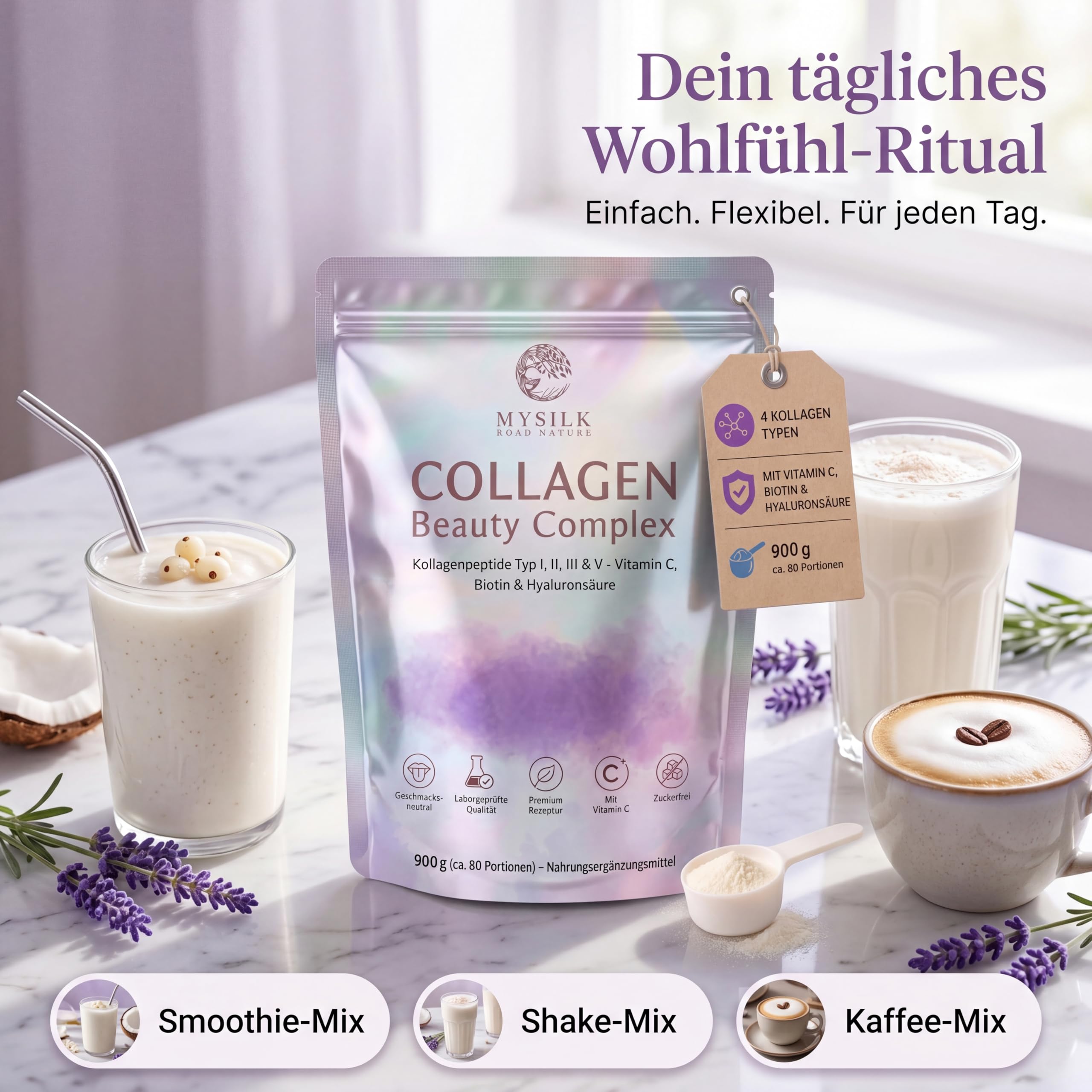 Kollagen Beauty Complex 900 g – Kollagenpeptide Typ I, II, III & V mit Vitamin C, Biotin & Hyaluronsäure, zuckerfrei, Collagen Nahrungsergänzungsmittel