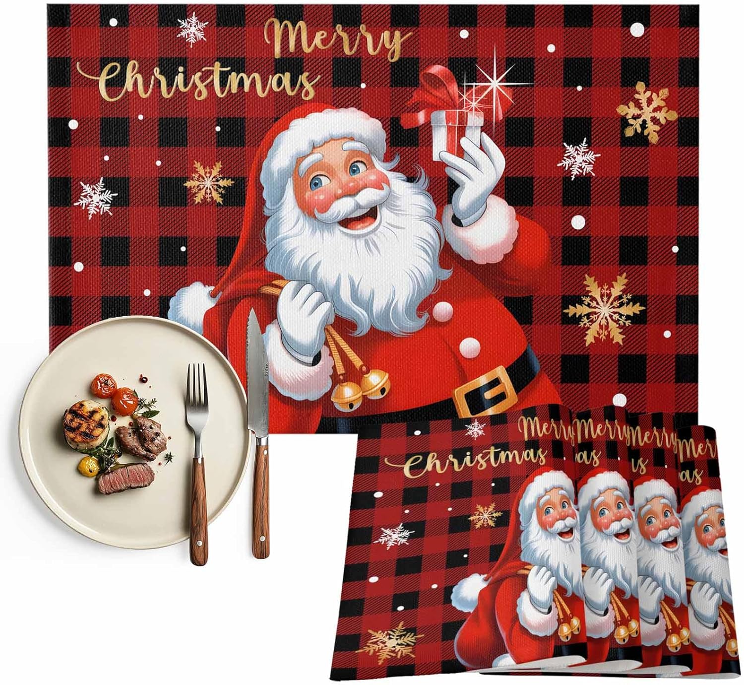 Santa Claus Christmas Placemats Set of 4, Washable Cotton Linen Table Mats for Kitchen Dining Table, Heat Insulation Place Mats for Indoor Outdoor Parties, Holiday Decorations