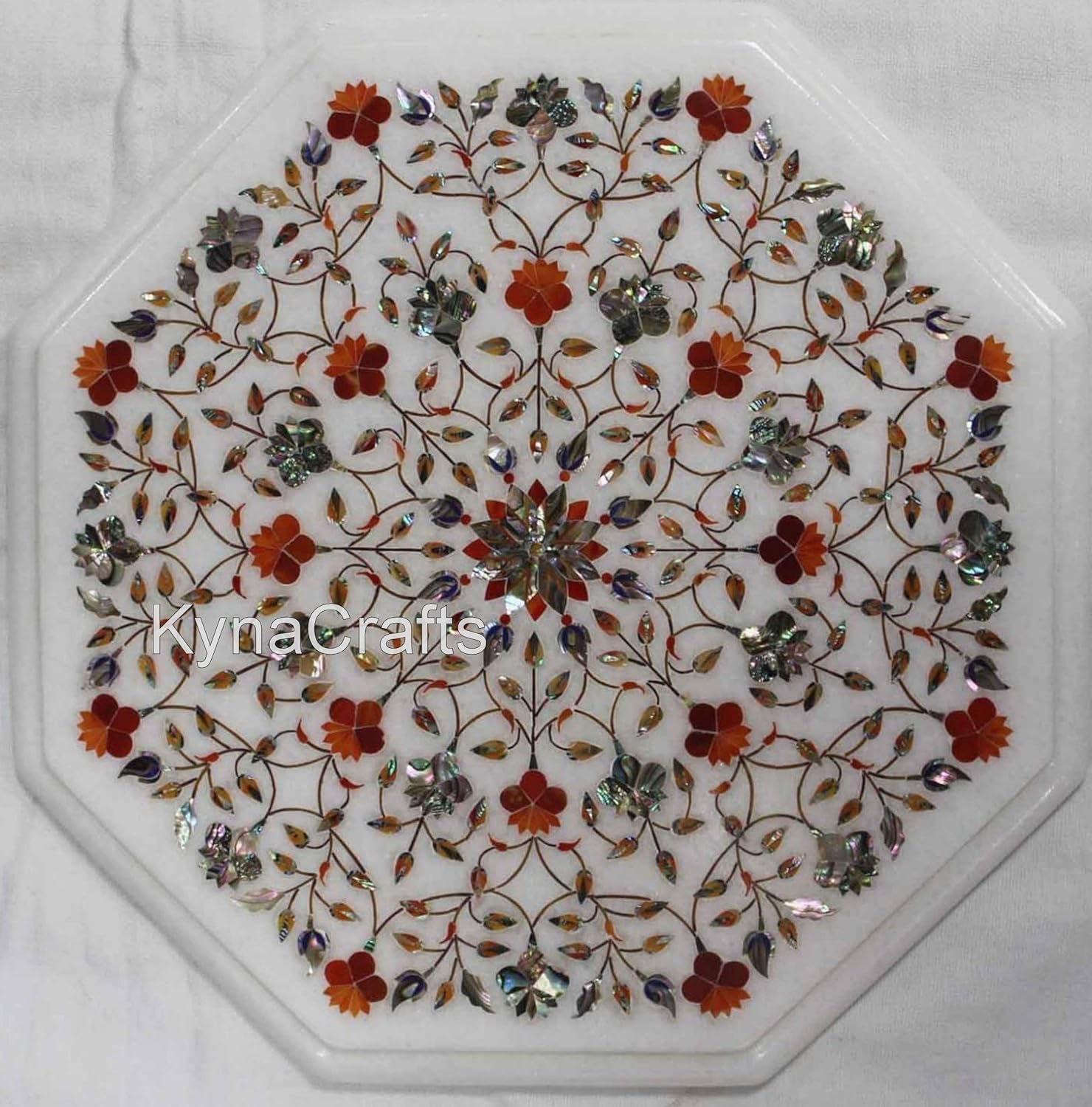 White Marble Patio Side Table Top with Luxurious Look Semi Precious Stone Inlay Work Coffee Table Top for Garden Decor 15 x 15 Inches