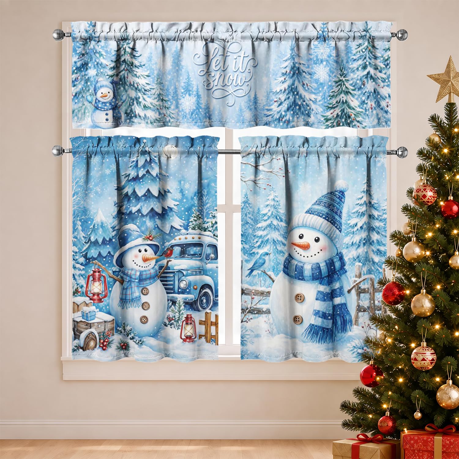 Christmas Tree Kitchen Curtains 3 Piece Set Tier Valance