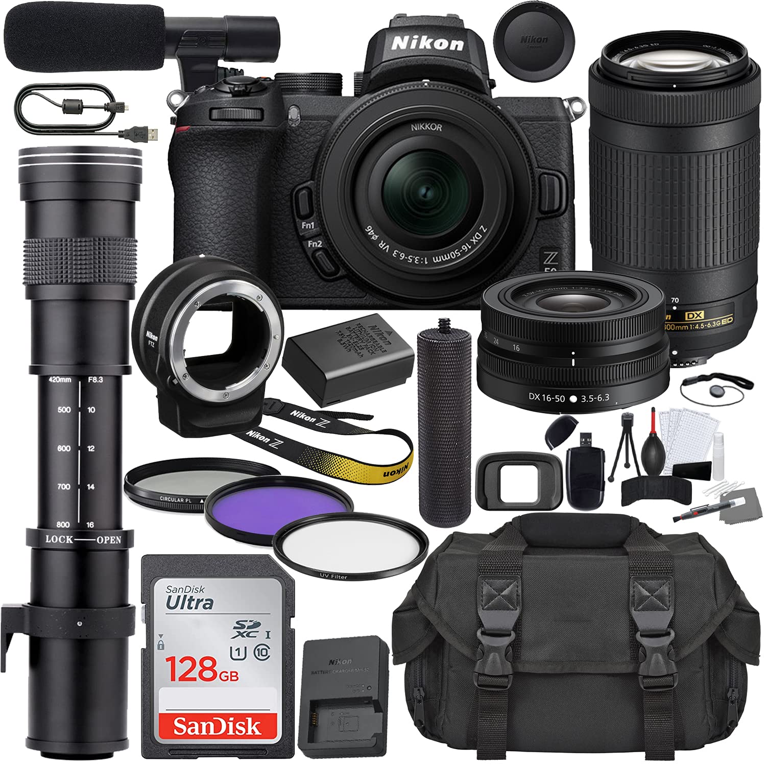 Nikon Intl. Z50 Mirrorless Digital Camera with 16-50mm Lens (1633) & AF-P 70-300mm Lens Bundle + 420