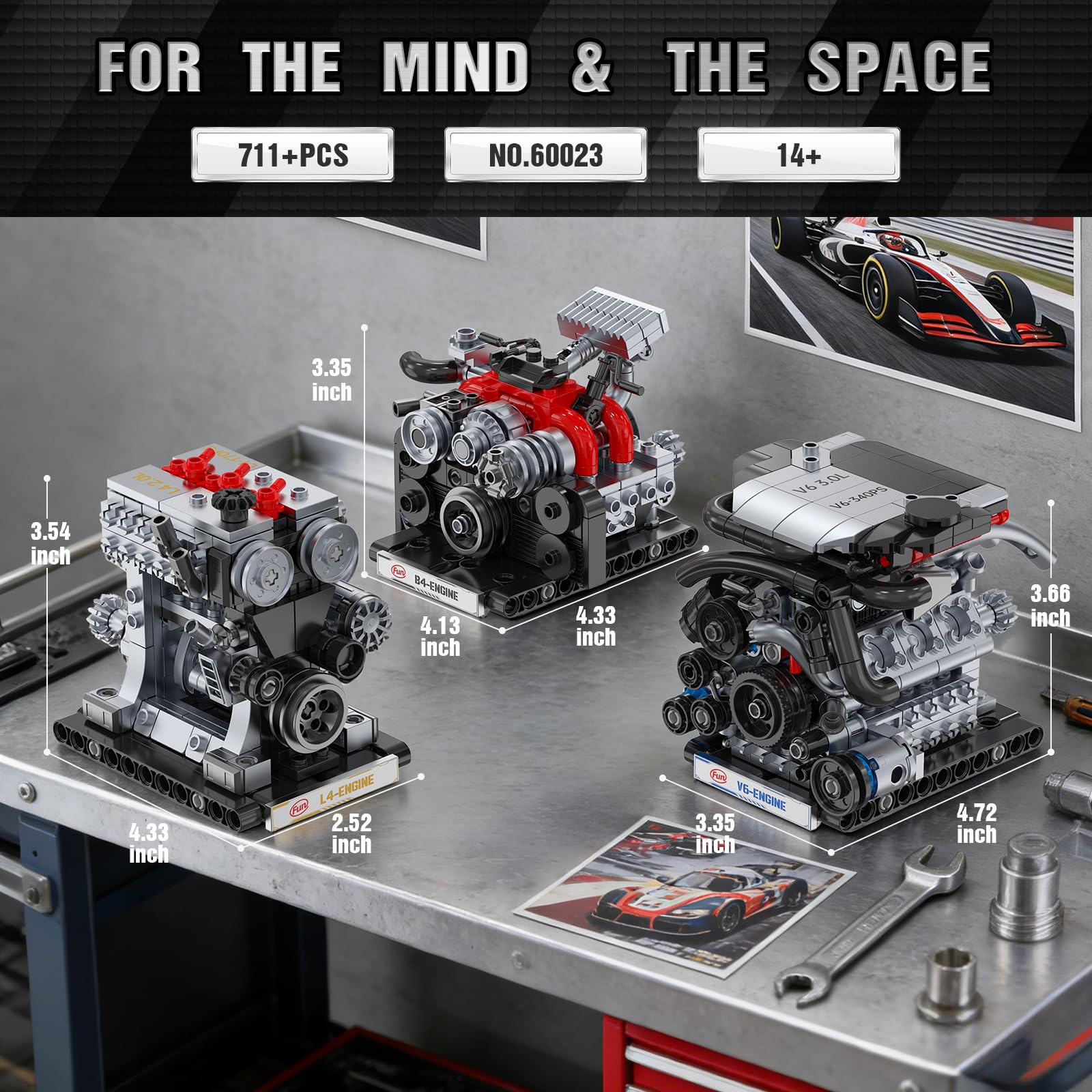 JMBricklayer Blocco da Costruzione Mini Motore 3-in-1 per Adulti da Costruire, Motore Modello V6 B4 L4 che Funziona, Giocattolo Meccanico in Mattoncini STEM, Decorazione per Ufficio e Casa, Regali