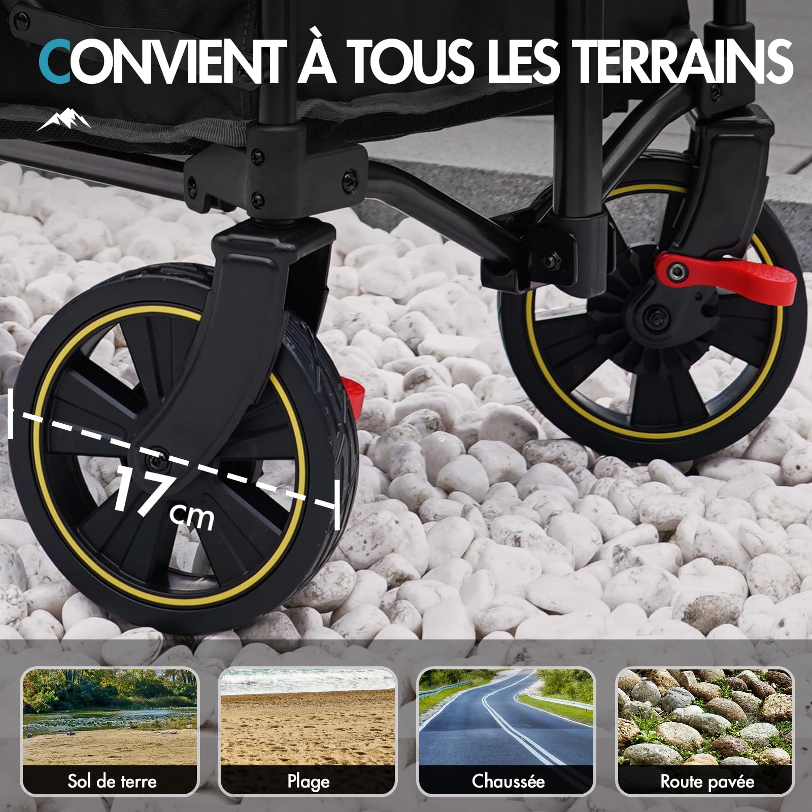 PORTAL Chariot de Plage Pliable, Chariot de Transport à roulettes Tout Terrain Poignée Réglable Charrette pour Extérieur Camping Pique-Nique avec Jusqu’à 120KG Bleu