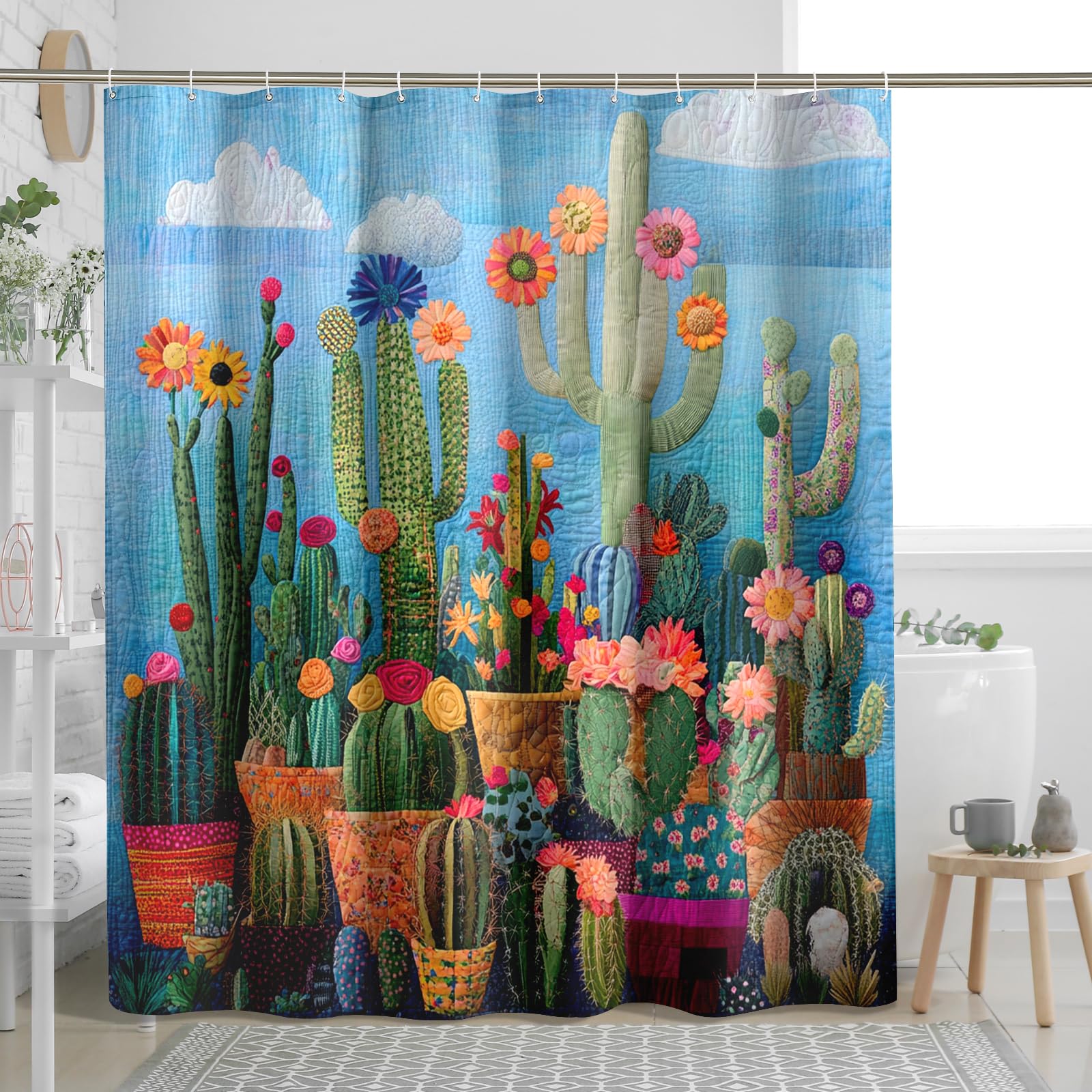 4PCS Quilted Style Cactus Bathroom Accessory Sets with Non-Slip Rug, U Shape and Toilet Lid Cover Mat, Aesthetic Retro Succulent Bathroom Fabric Decor-72''x72''