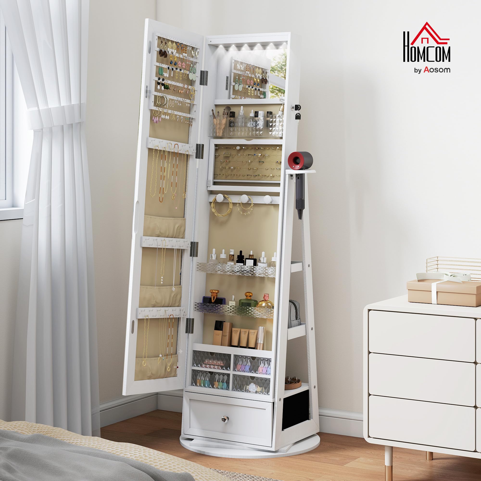 HOMCOM Armario Joyero de Pie con Luces LED, Espejo Cuero Entero, Soporte para Secador, Giratorio 360°, Cajón, Cerradura, Blanco y Beige