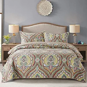 NEWLAKE Cotton Bedspread Quilt Sets-Reversible Patchwork Coverlet Set, European Paisley Blossom Pattern, King Size