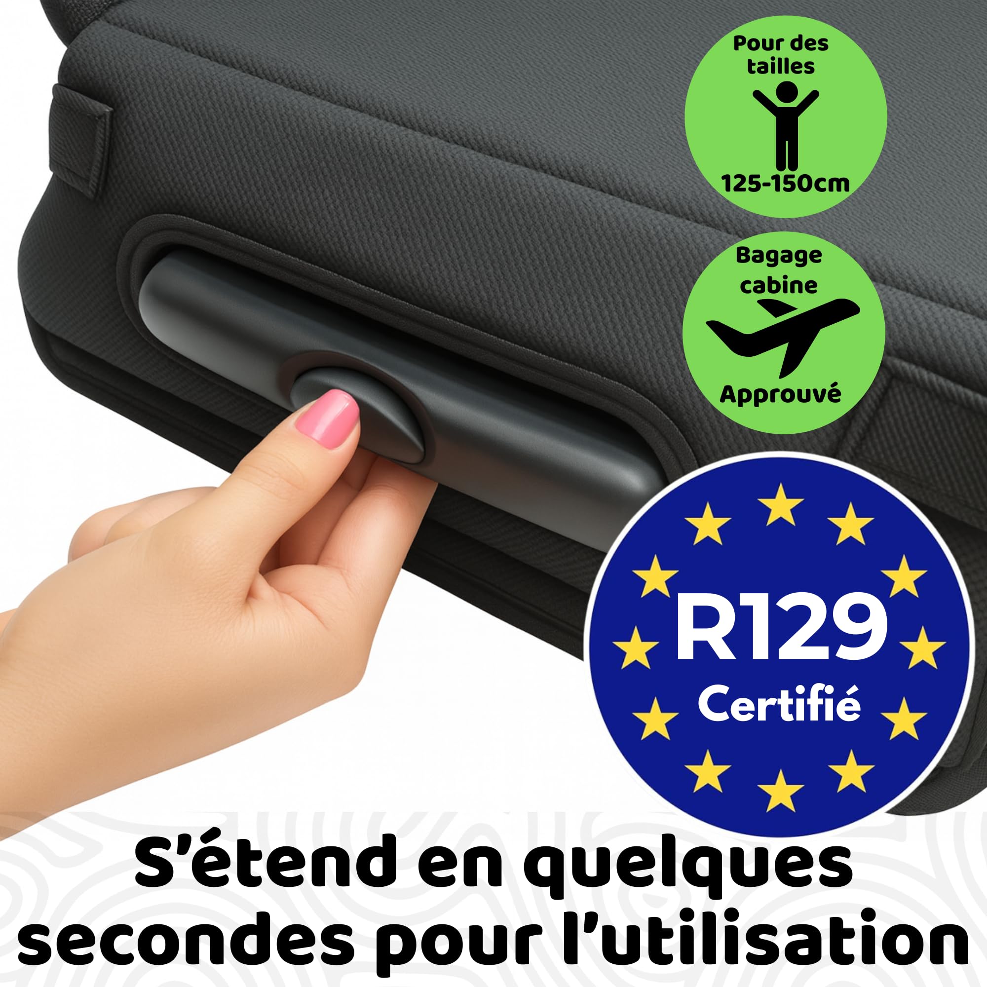 BubbleBum TelePort Rehausseur Voiture Enfant, Sièges Auto Voyage San Dossier, Réhausseur Voiture, Siège Auto Pliable Portable, Siege Auto Enfant 125-150cm, 5 à 12 ans, Groupe 2/3, i-Size R129 - Noir