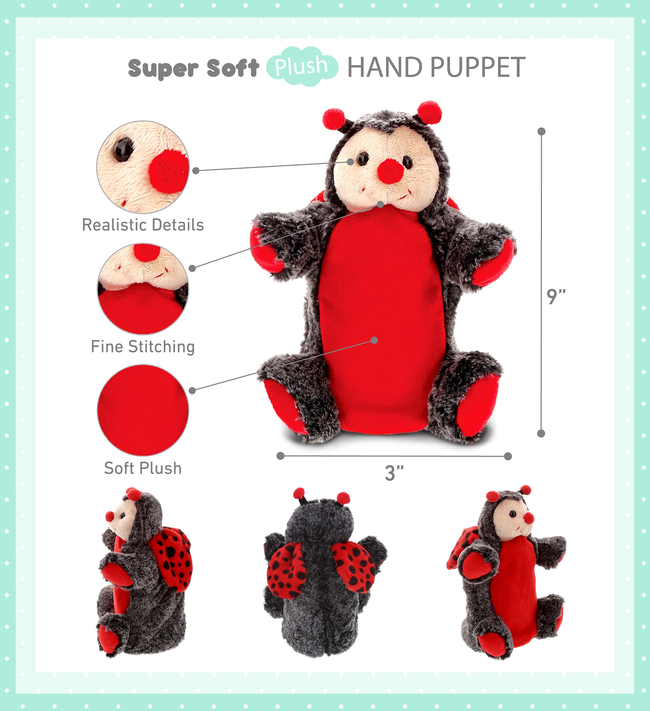 DolliBu Ladybug Plush Hand Puppet for Kids - Soft Plush Stuffed Animal Hand Puppet Toy for Puppet Show Games Puppet Theaters for Kids, Adult Cute Puppets Educational Toy to Teach Children & Toddlers - Image 2