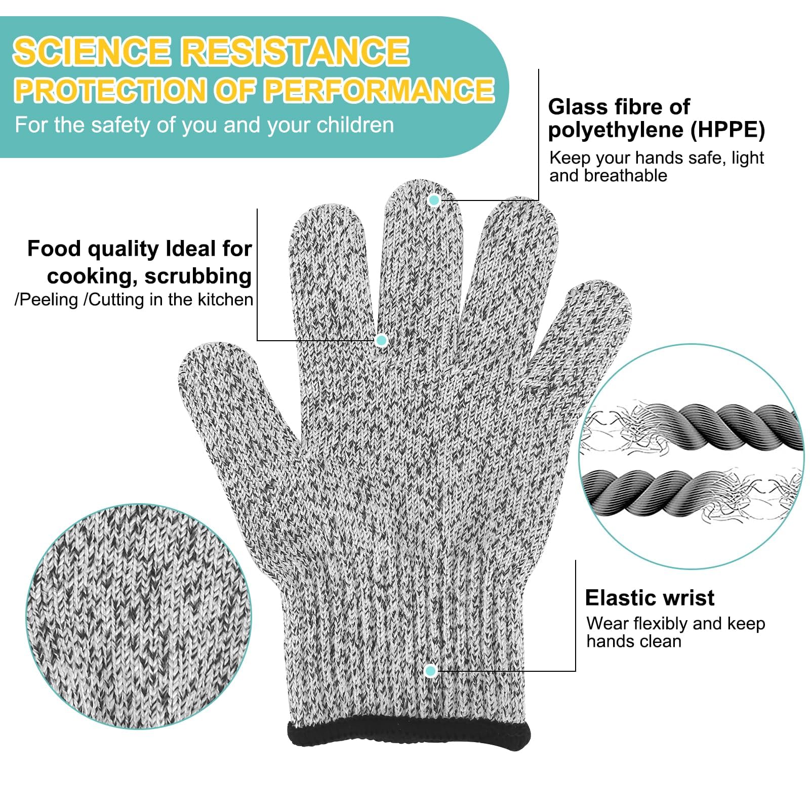 HhBdy Cut-Resistant Protective Gloves for Kids - 2 works, Level 5 Protection for Kitchen Chainsaw, Construction, and Gardening (XS) - Image 2