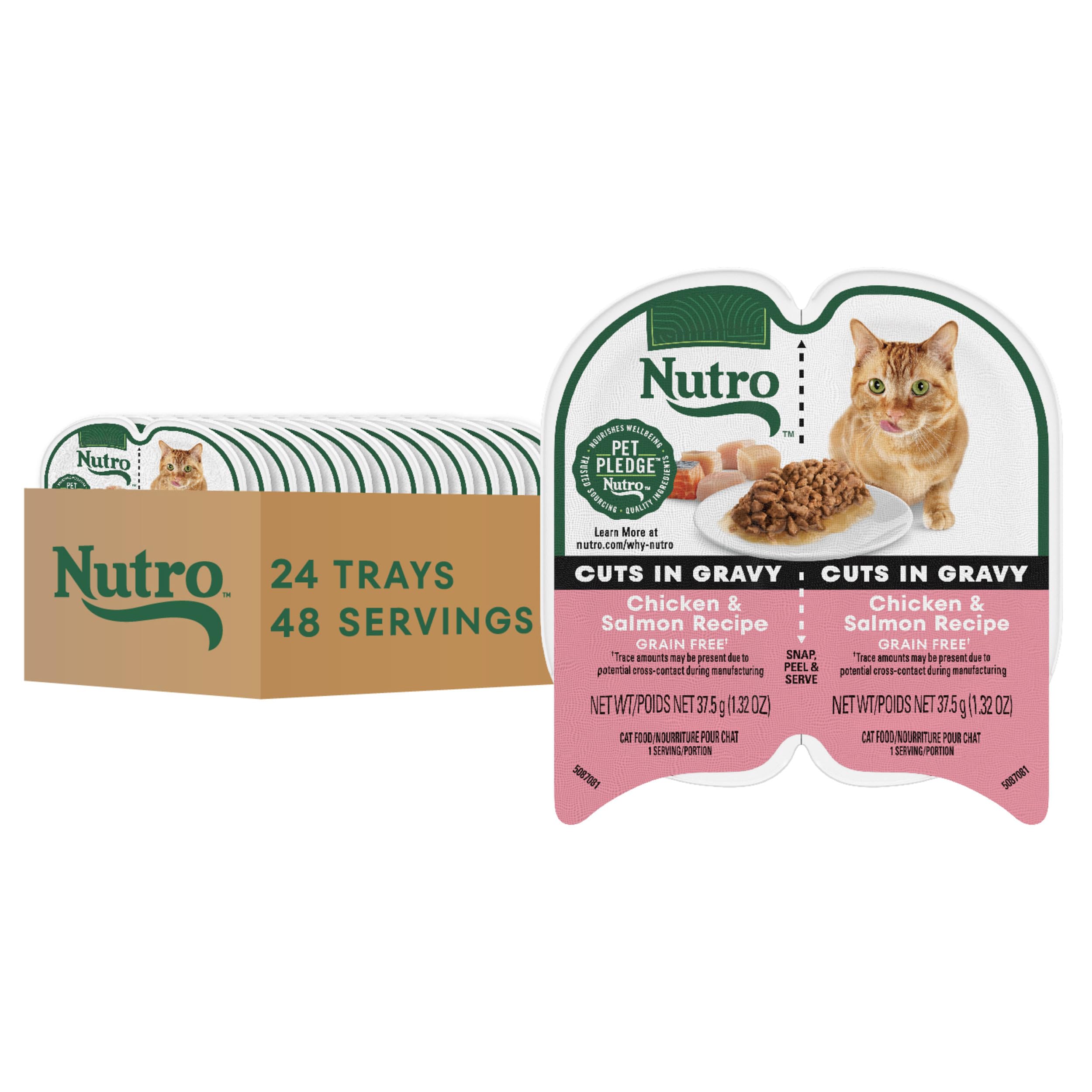 Nutro Perfect Portions Wet Cat Food Cuts in Gravy Chicken & Salmon Recipe, Cat Food Wet Recipe, 2.64 oz. Twin-Pack Trays (24 Count)