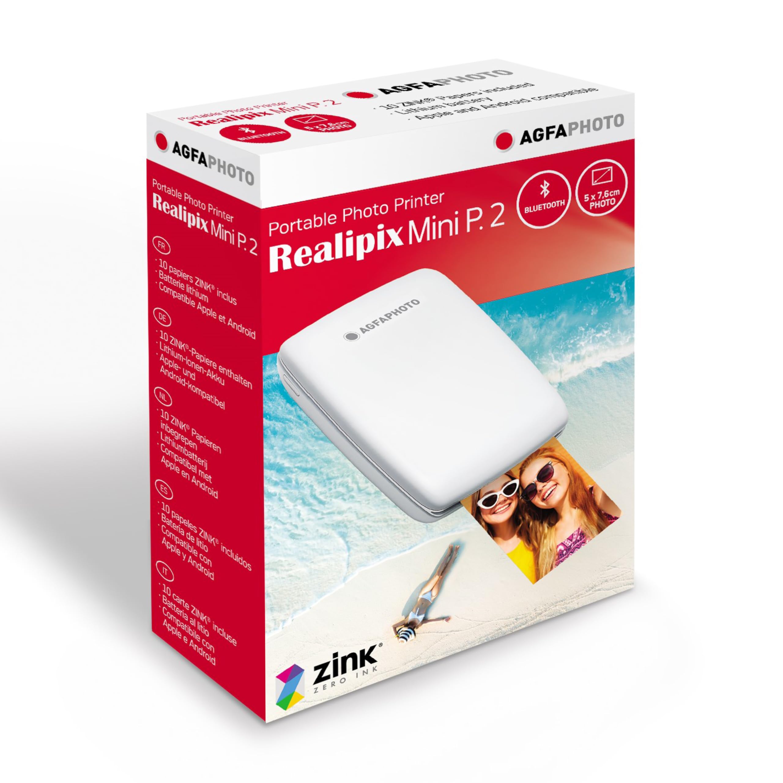 AGFA PHOTO Mini P.2 - Imprimante Portable Zink pour Photos Instantanées, Format 5x7,6 cm, Connexion Bluetooth, Compatible iOS/Android, 10 Feuilles Zink Incluses - Blanc