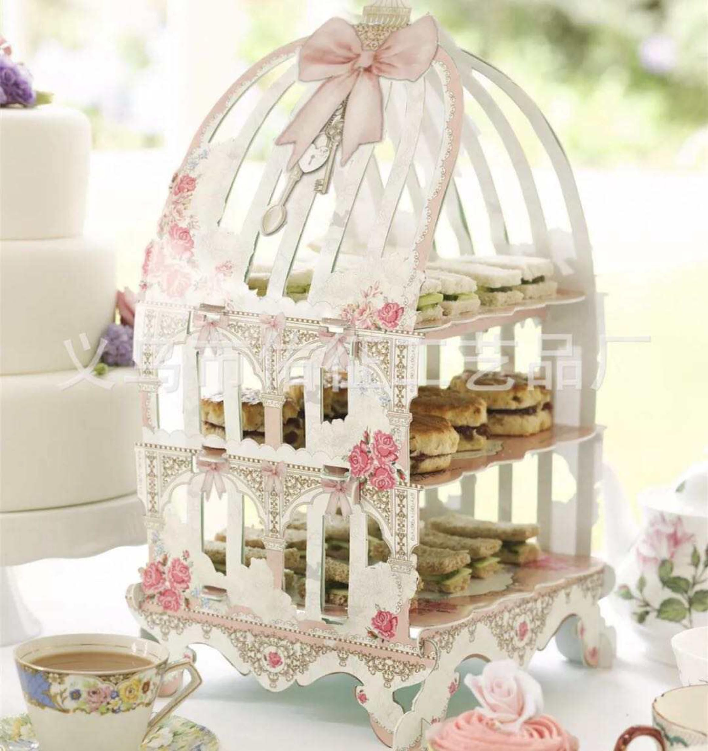 3 Tier Cake Stand, Ivory Floral Birdcage Cupcake Stand, Dessert, Birthday Treats, Sweets, Party Tableware, Tea Party Decorations.