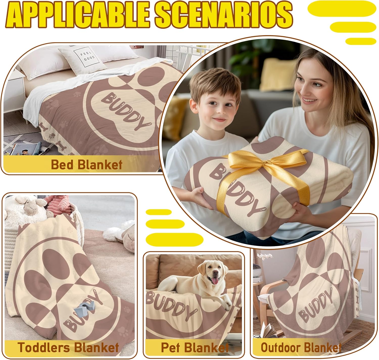 Custom Pet Name Blanket, Personalized Dogs Blanket Customized Puppy Blanket,Dog Gift for Dog Lovers Mom Dad,Cute Dog Paw Prints Throw Blanket for Bed Sofa Travel,60"x80"-Adults/Twin Size