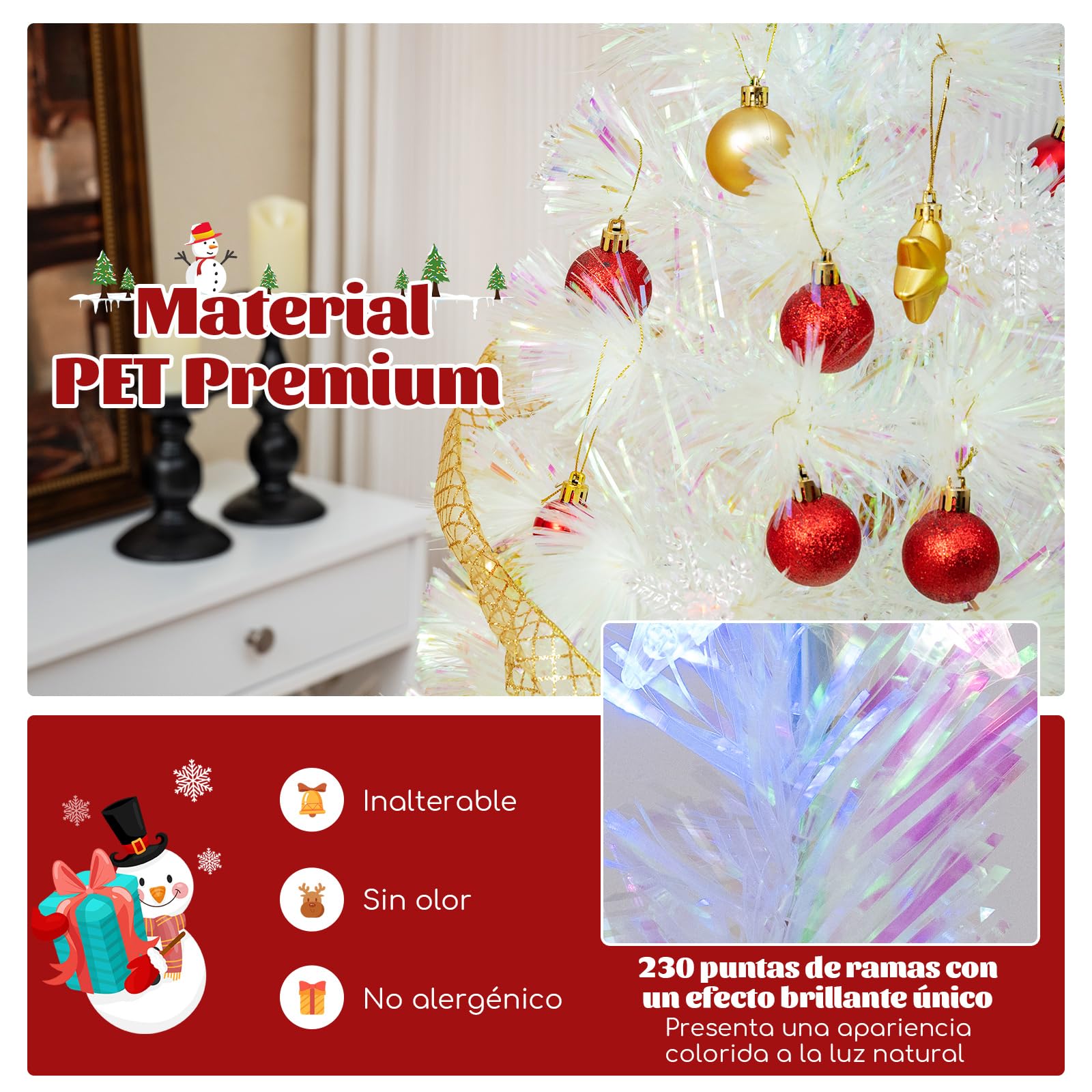 COSTWAY 180cm Árbol de Navidad Blanco, Hojas Iridiscentes, Árbol de Navidad de Fibra Óptica Preiluminado, 30 Luces LED de Copos de Nieve, Estrella, Arvore de Natal Oficina y Hogar(180cm)