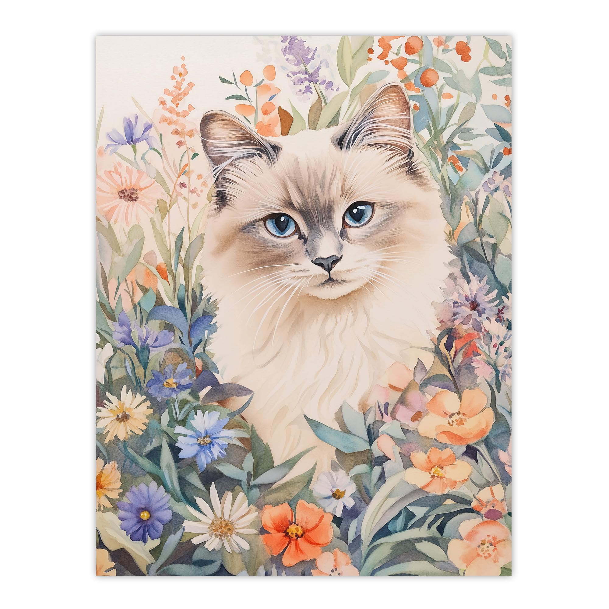 Artery8 Ragdoll Cat Lover Floral Pet Portrait Watercolour Living Room Large Wall Art Poster Print Thick Paper 18X24 Inch