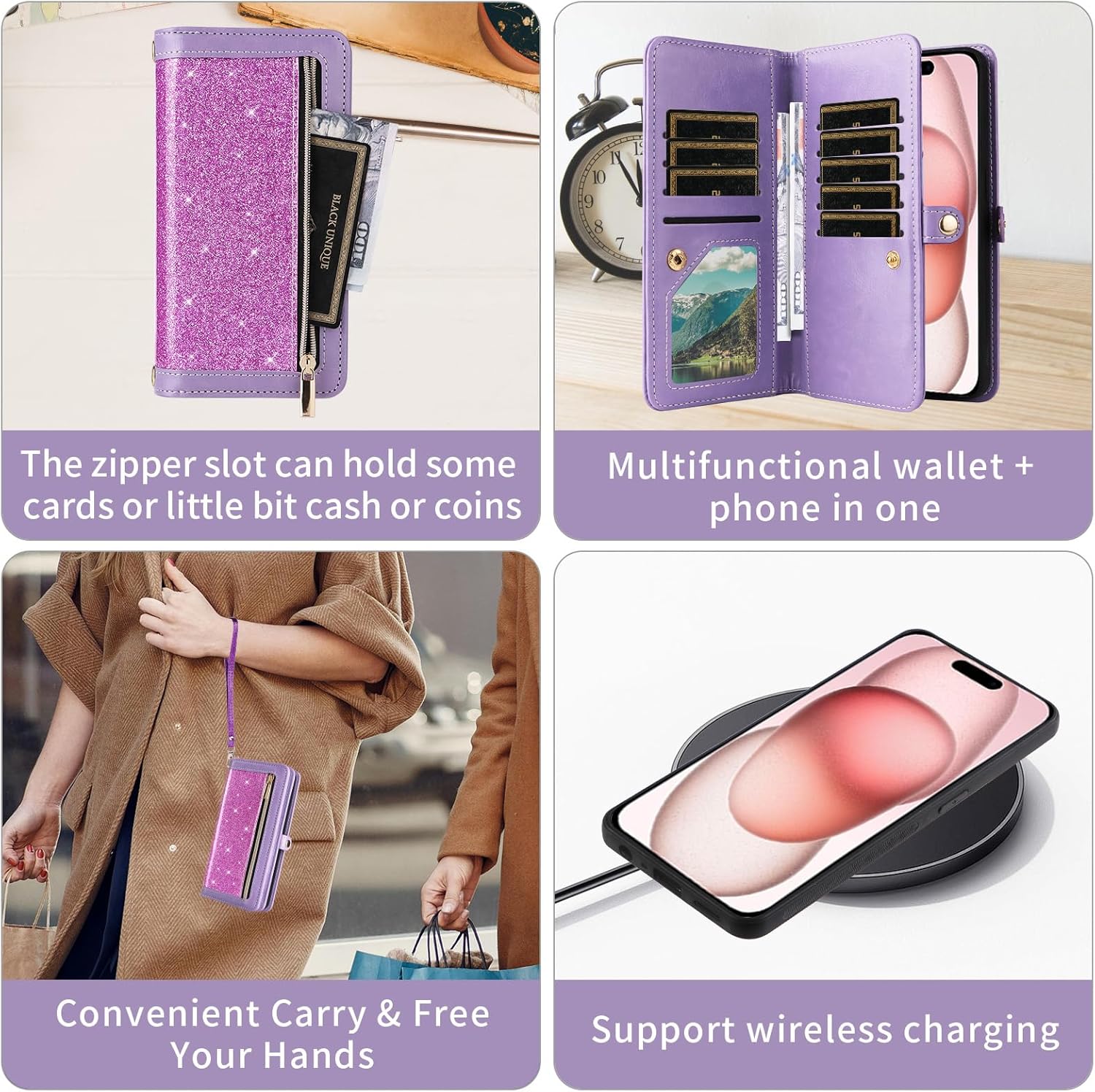 Asuwish Phone Case for iPhone 15 Plus 6.7 inch Zipper Wallet Cell Cover with Tempered Glass Screen Protector Strap Bling Glitter Flip Card Holder Slot i Phone15 15+ i15 + 15Plus Women Men Girls Purple