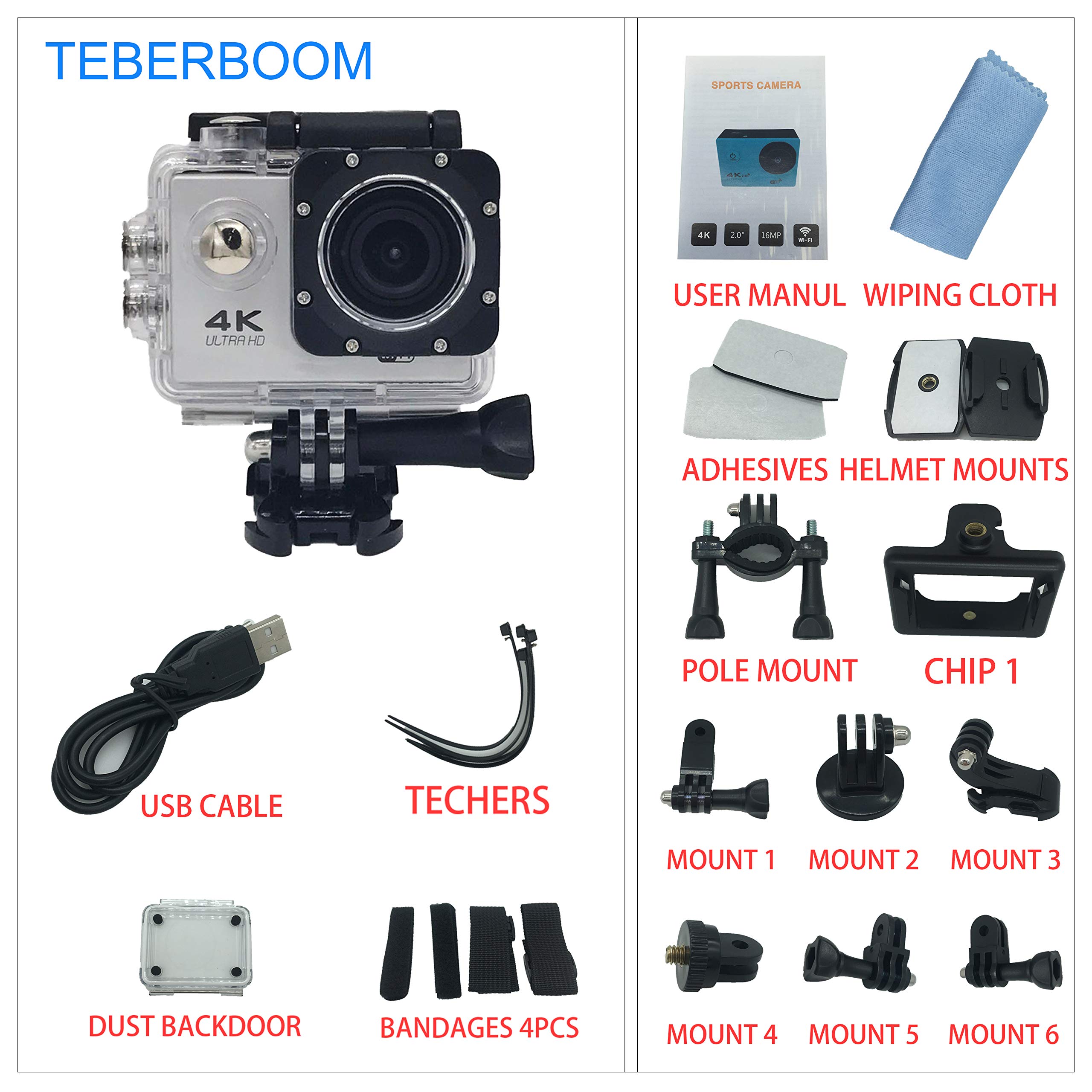 TEBERBOOM Sport Action Camera, Waterproof Sport Camera S2 WiFi 4k Ultra HD 170 Degree Wide View Angle,100ft Underwater and Mounting Accessories Kit for Diving/Biking/Climbing/Swimming (Silver)