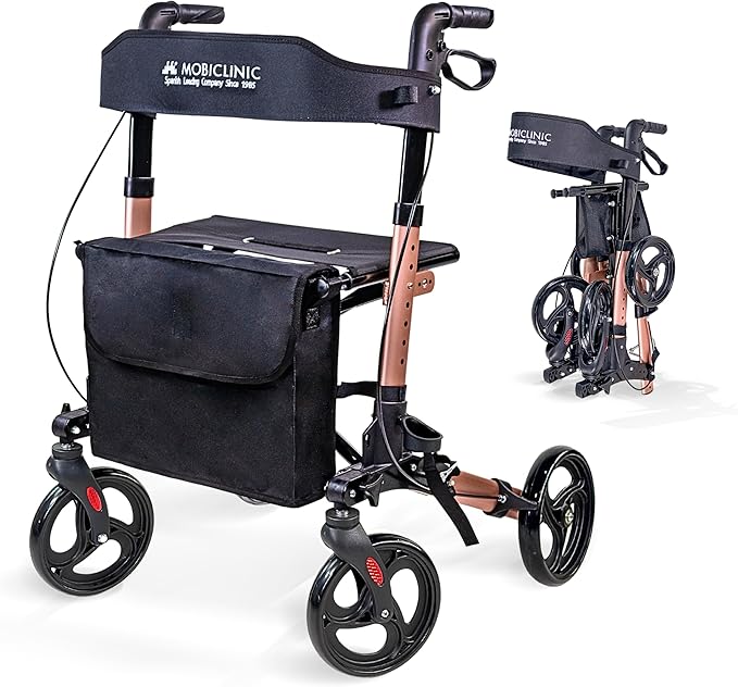 Mobiclinic®, Deambulatore Pieghevole, Seduta e Schienale, Fino a 136 kg, Oro Rosa, Altezza Regolabile, Cestino Portaoggetti, Porta Bastone, Freni e Blocco di Sicurezza, Alluminio, Trajano