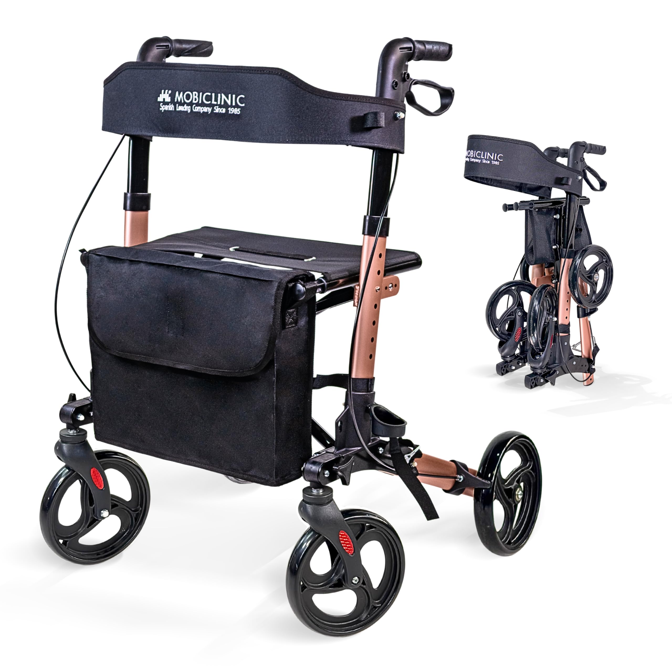 Mobiclinic®, Andador Plegable, Asiento y Respaldo, Hasta 136 kg, Oro Rosado, Altura regulable, Cesta Portaobjetos, Soporte para Bastón, Frenos y Bloqueo de Seguridad, Aluminio, Trajano