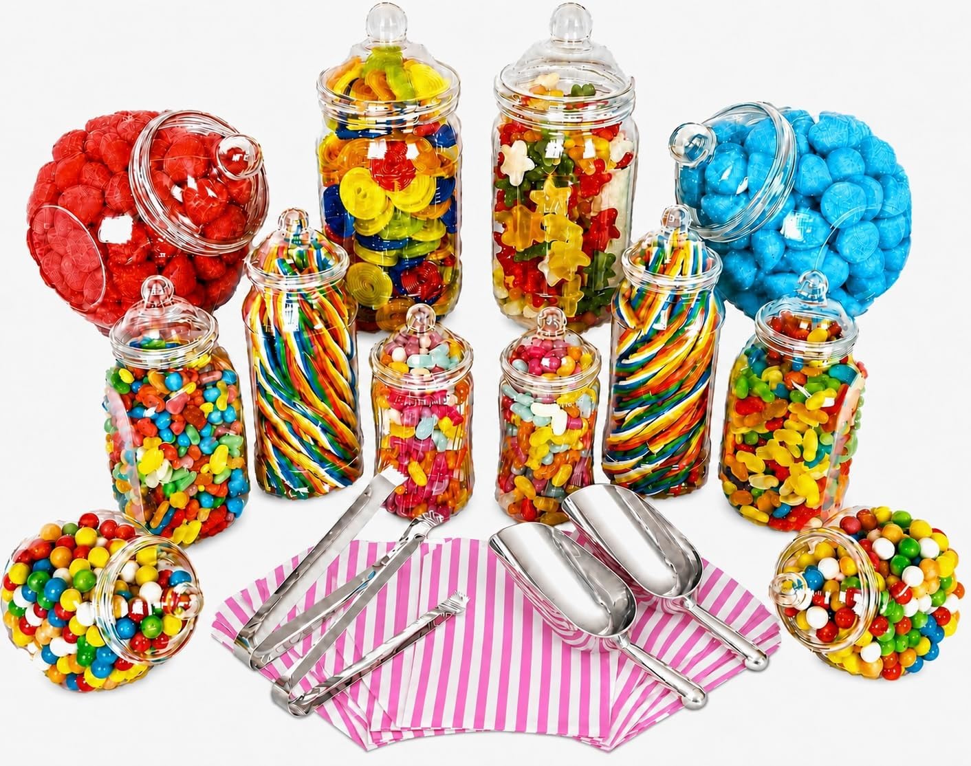 JUMBO 12 Assorted Jars 2 Scoops, 2 Tongs, 100 Bags - Vintage Victorian Pick & Mix Sweet Shop Candy Buffet Kit Party Pack (PINK)