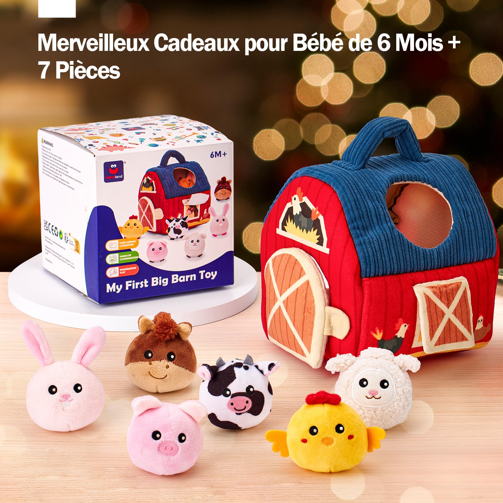 Hahaland Jouet Bébé Animaux de la Ferme en Peluche, Jeux Montessori avec Grange, Hochets, Miroirs Jouet Sensoriel Bébé 0-6 Mois, Cadeau Bébé Enfant 3-6-9 Mois Garçon Fille