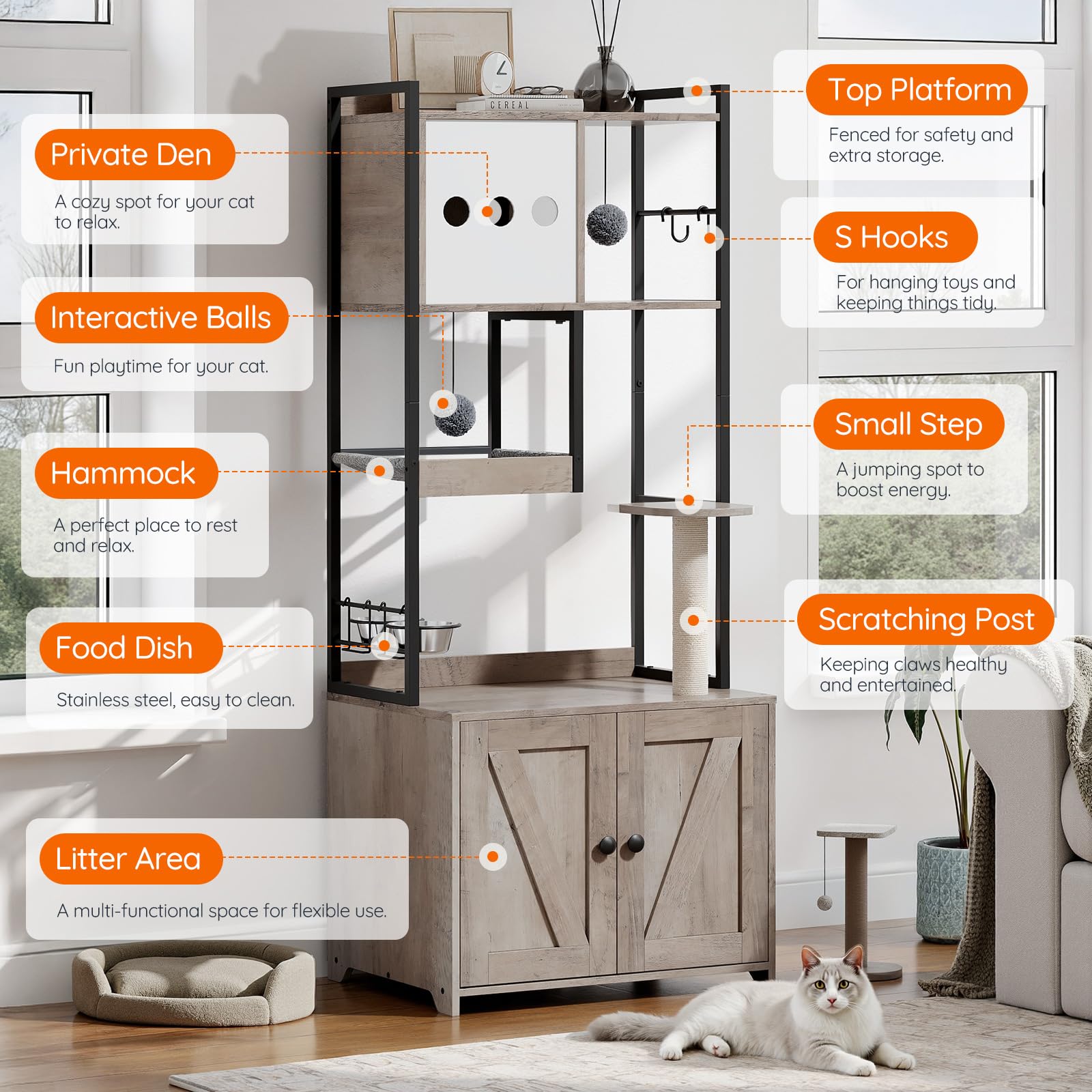 HOOBRO Cat Tree with Litter Box Enclosure, 58.7" H Cat Tower with Hidden Litter Box Furniture, with Scratching Post, Step, Hammock, Multifunctional Pet Furniture with Food Bowls, Greige BG30MZ03G1 - image 3
