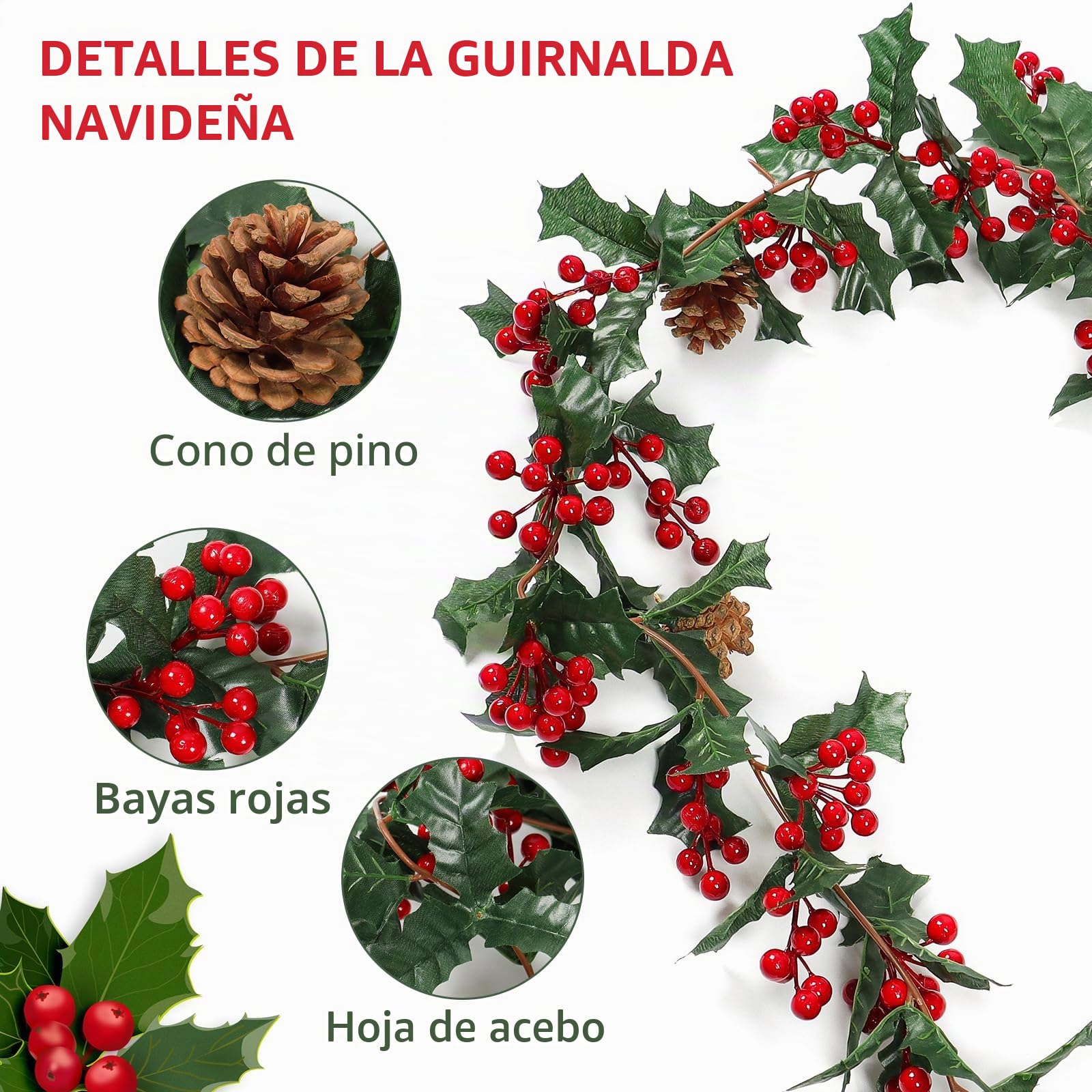 Dremisland Guirnalda De Navidad 1.75m Guirnalda Navideña con Bayas Rojas y Piñas De Pino Vides Rojas Decoración Navideña Ghirlanda Navidad para Escaleras y Chimeneas Navideñas