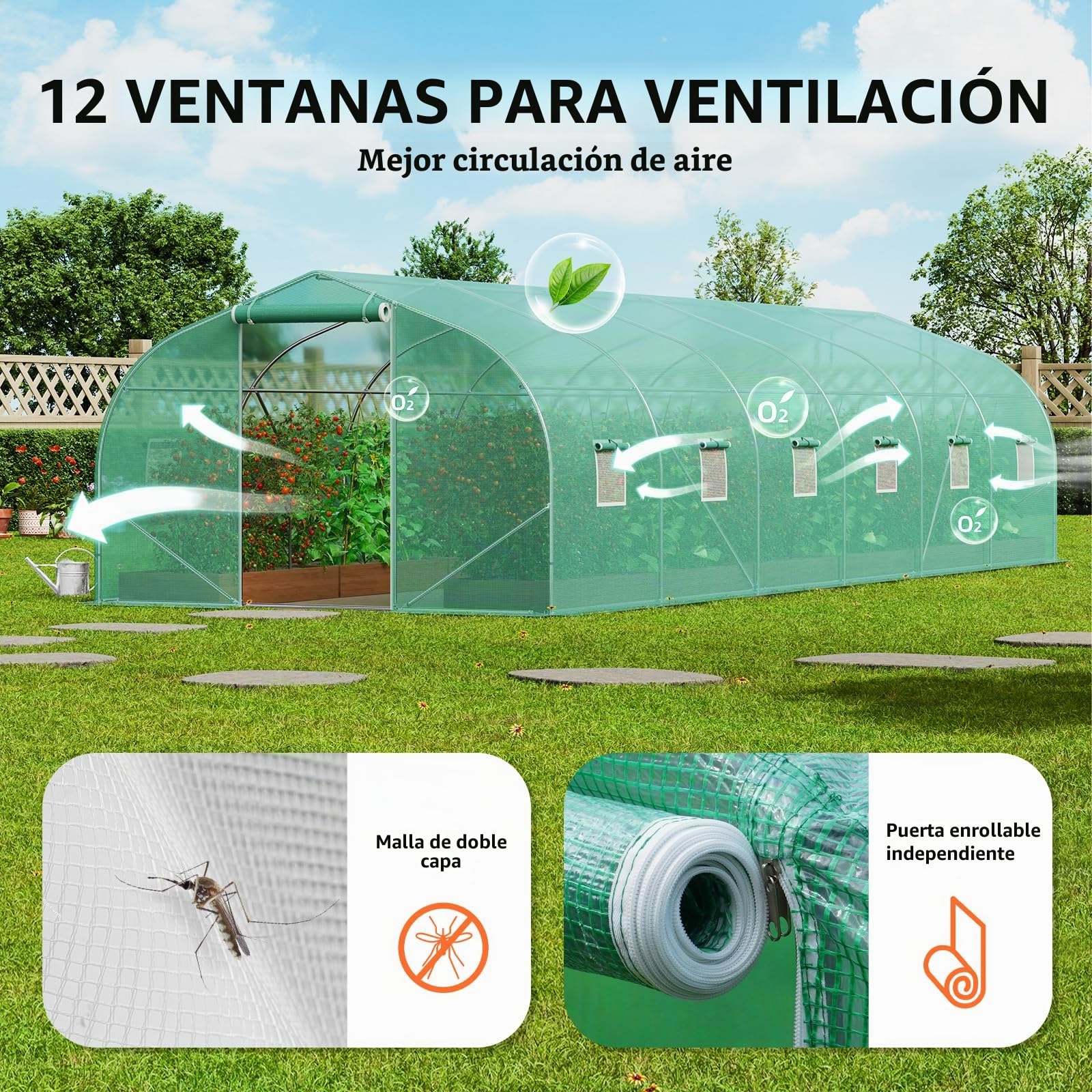 VEVOR Invernadero Túnel 900x300x200 cm Carpa Refugio para Plantas con Estructura de Acero Galvanizado Cubierta de PE Verde Puerta Enrollable con Cremallera 12 Ventanas para Cultivo de Verduras Flores