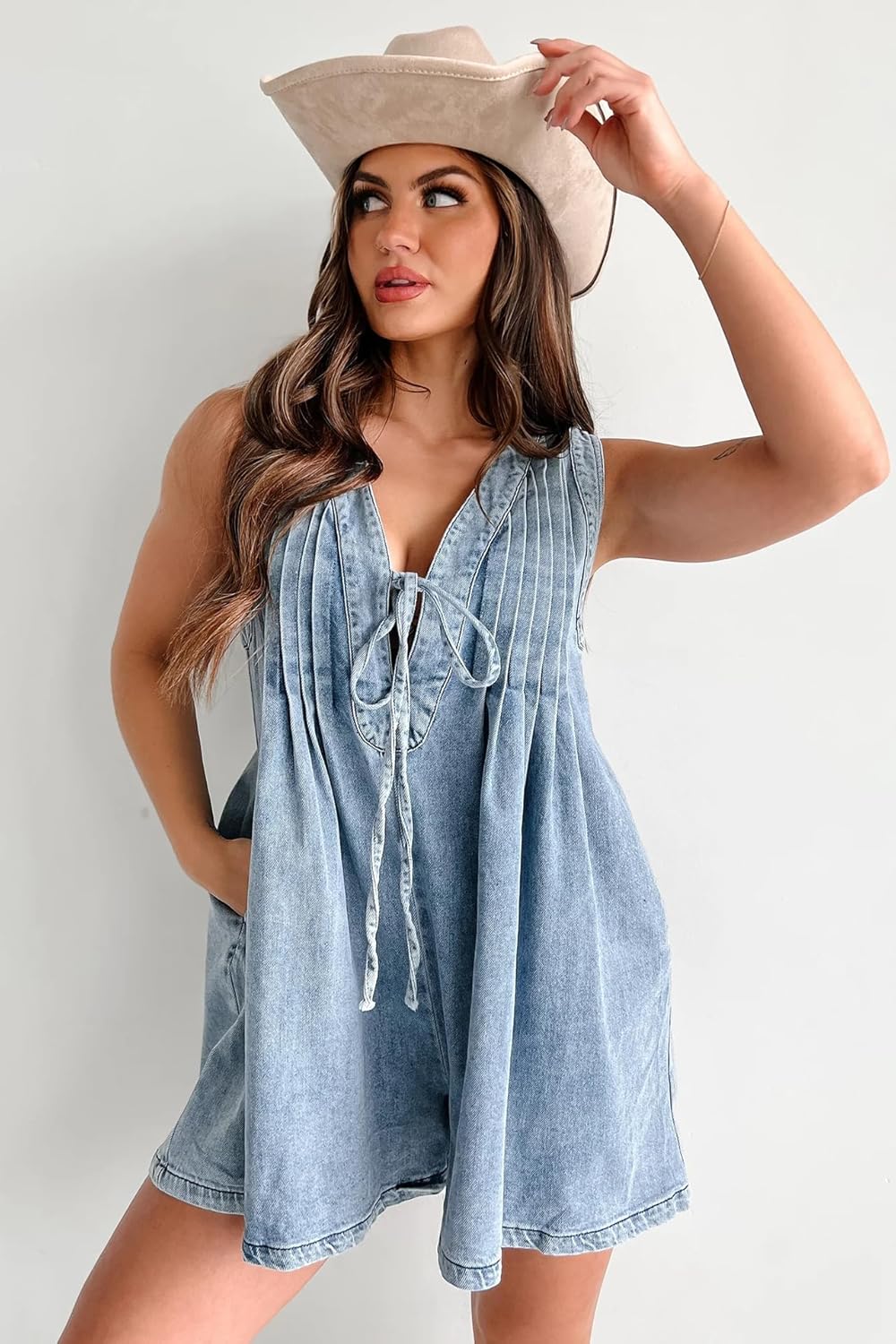 yoeasy Women's Sleeveless V Neck Shorts Denim Romper Tie Front Ruffle Cute Loose Jean Short Overalls with Pockets - Image 3