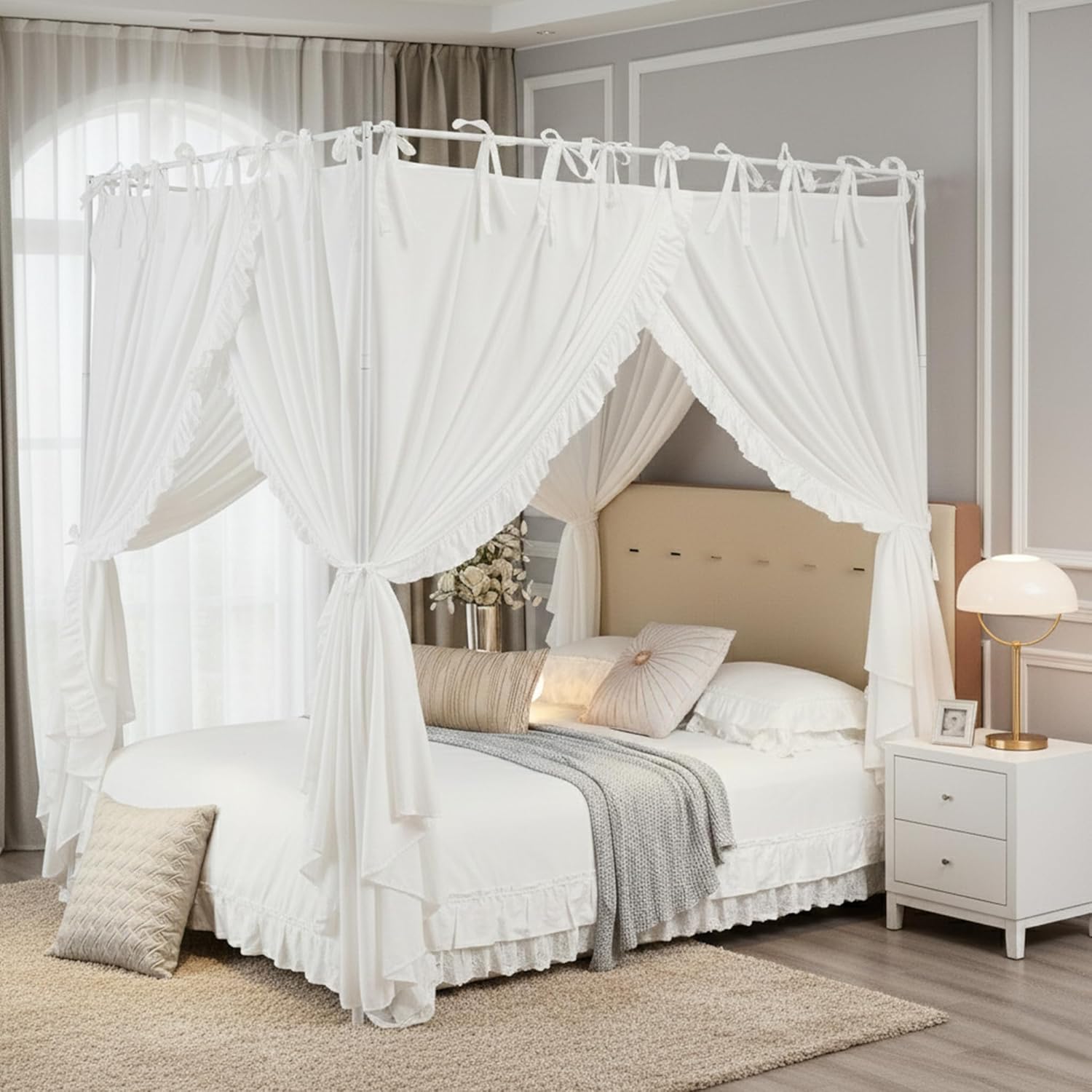 Akiky Canopy Bed Curtains with Top Ties Elegant Bed Canopies Private Space Curtains LightProof Drapes Bedroom Decoration Accessories for Adults(White,King)