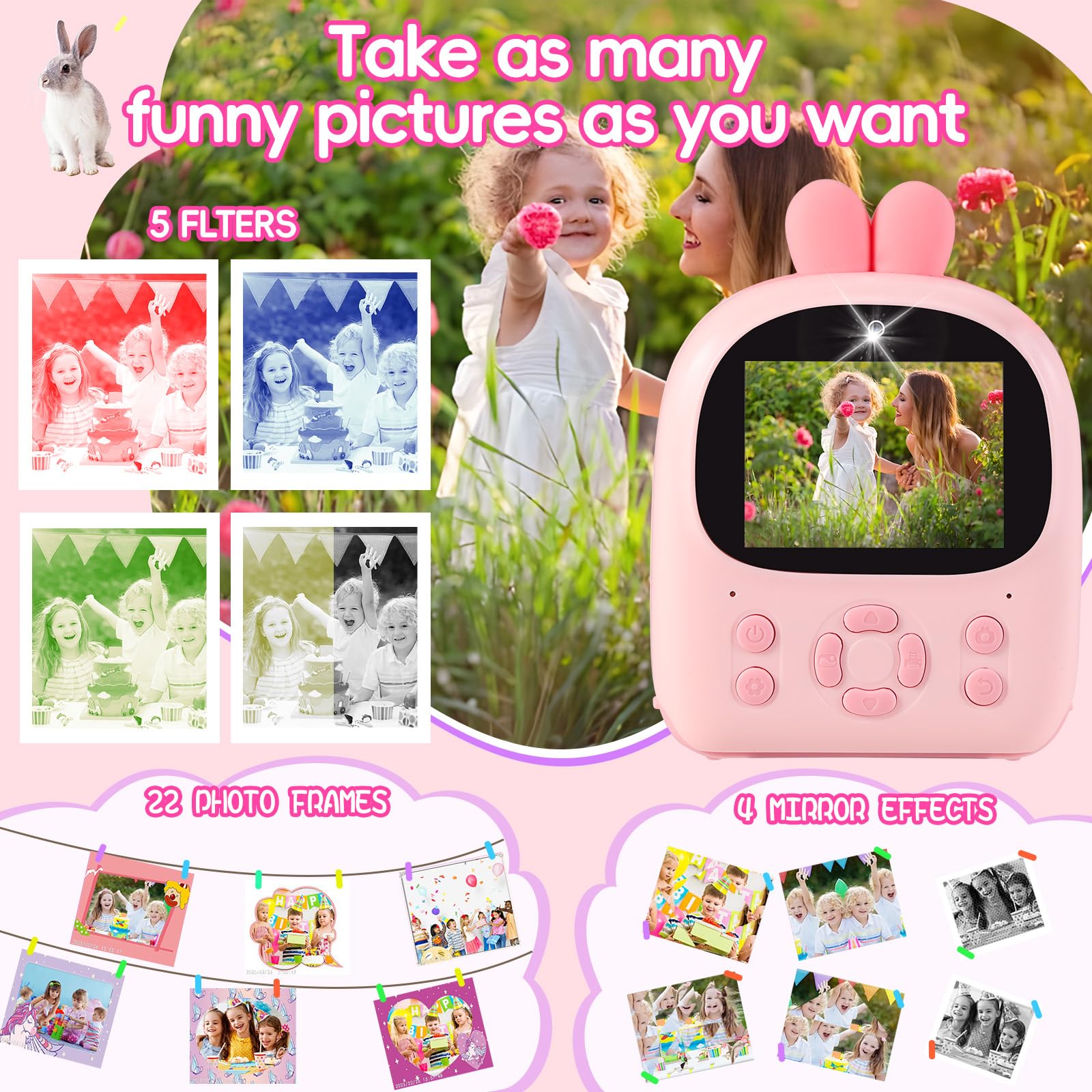 Appareil photo à impression instantanée pour enfants, caméras vidéo numériques HD 1080p avec papier d'impression 3 et carte de 32 Go, cadeau d'anniversaire pour filles et garçons âgés de 3 à 12 ans