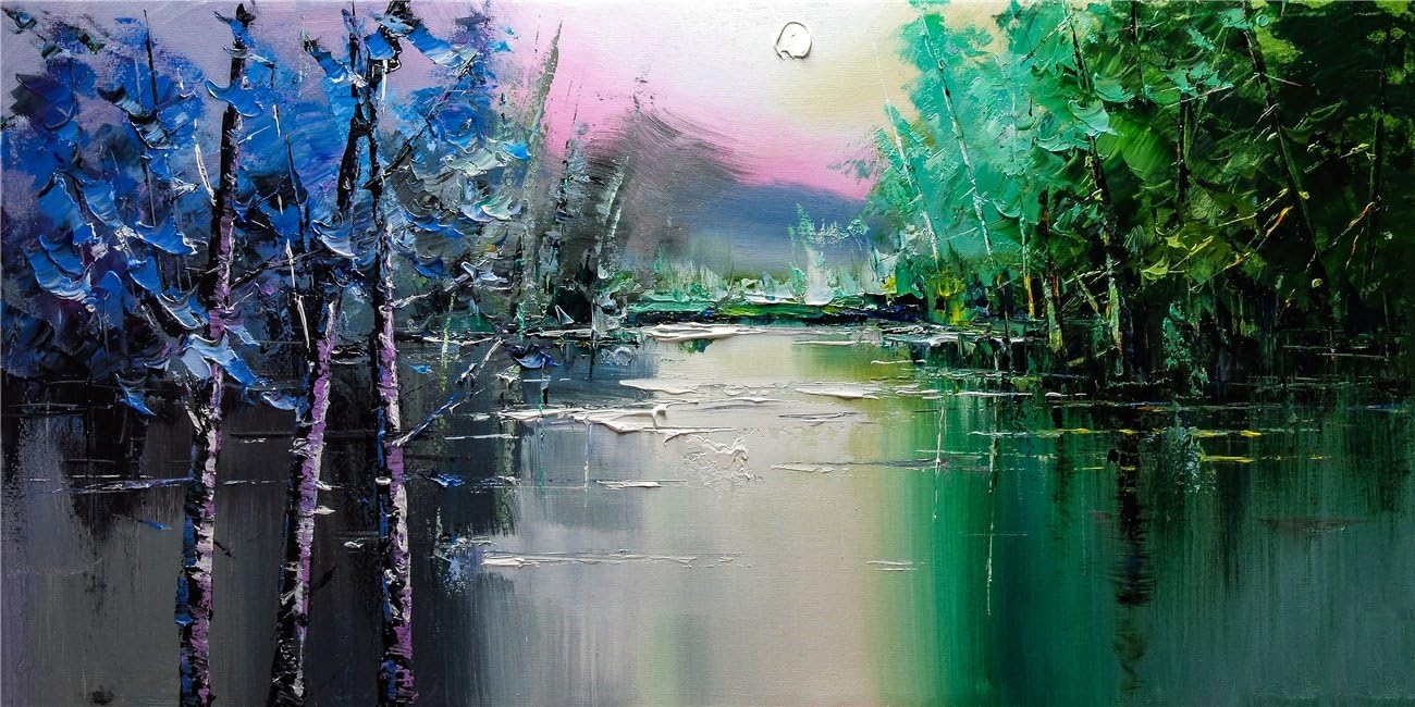 Abstract Oil Painting Modern Colourful Trees Landscape Forest&Lake Print On Canvas Giclee Artwork Wall Poster for Living Room Bedroom Wall Decor (20Inch x 40 Inch)