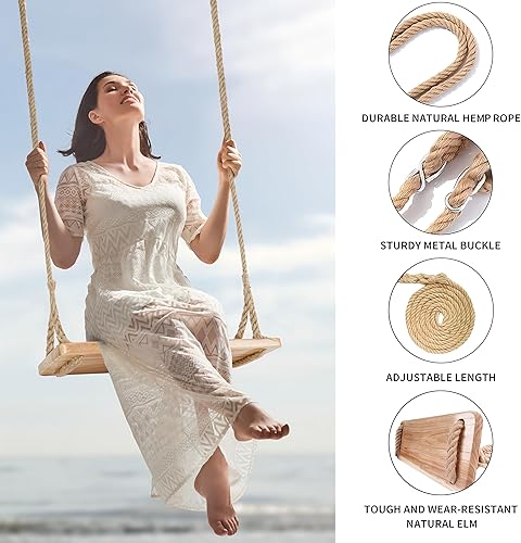 Miniatura 2 de Columpio de madera para colgar, asiento de columpio de 20 x 10 x 1.4 pulgadas, columpio de árbol para adultos y niños, columpio de interior con