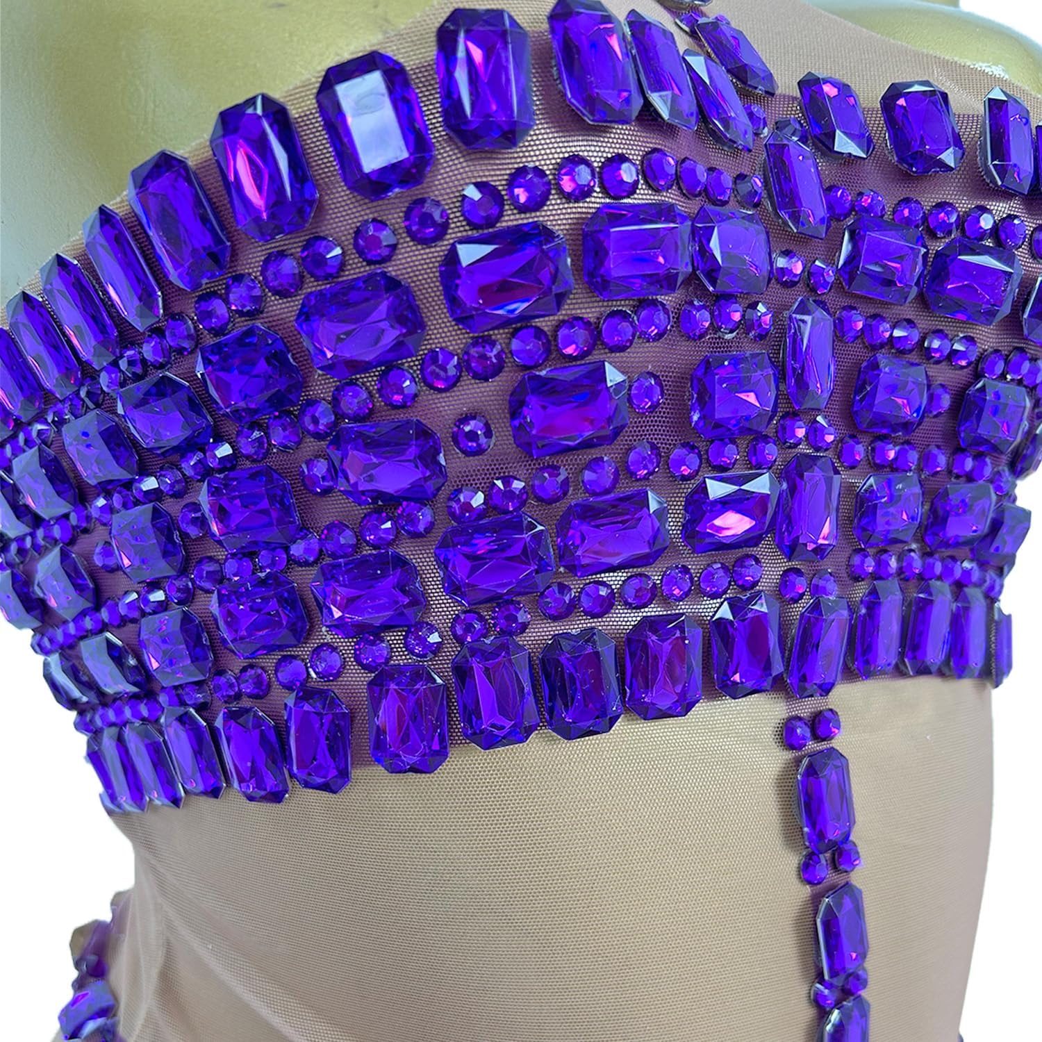 Women Luxury Crystal Embellished Sheer Dress Asymmetric Cutout Stage Performance Gown