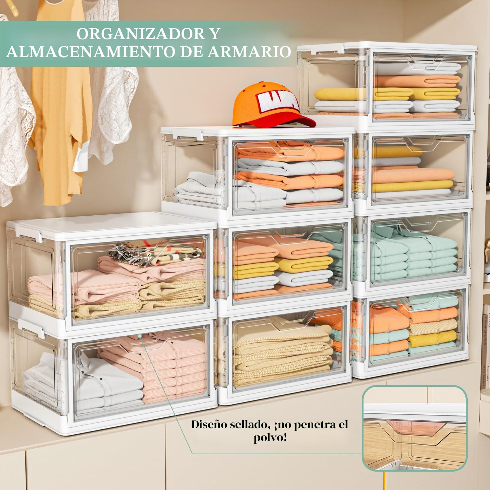 Cajas de almacenamiento con tapa – Cajas apilables de plástico de 4 niveles, 23 L, transparentes, grandes contenedores organizadores para dormitorio, salón, baño, 4 capas y 1 tapa