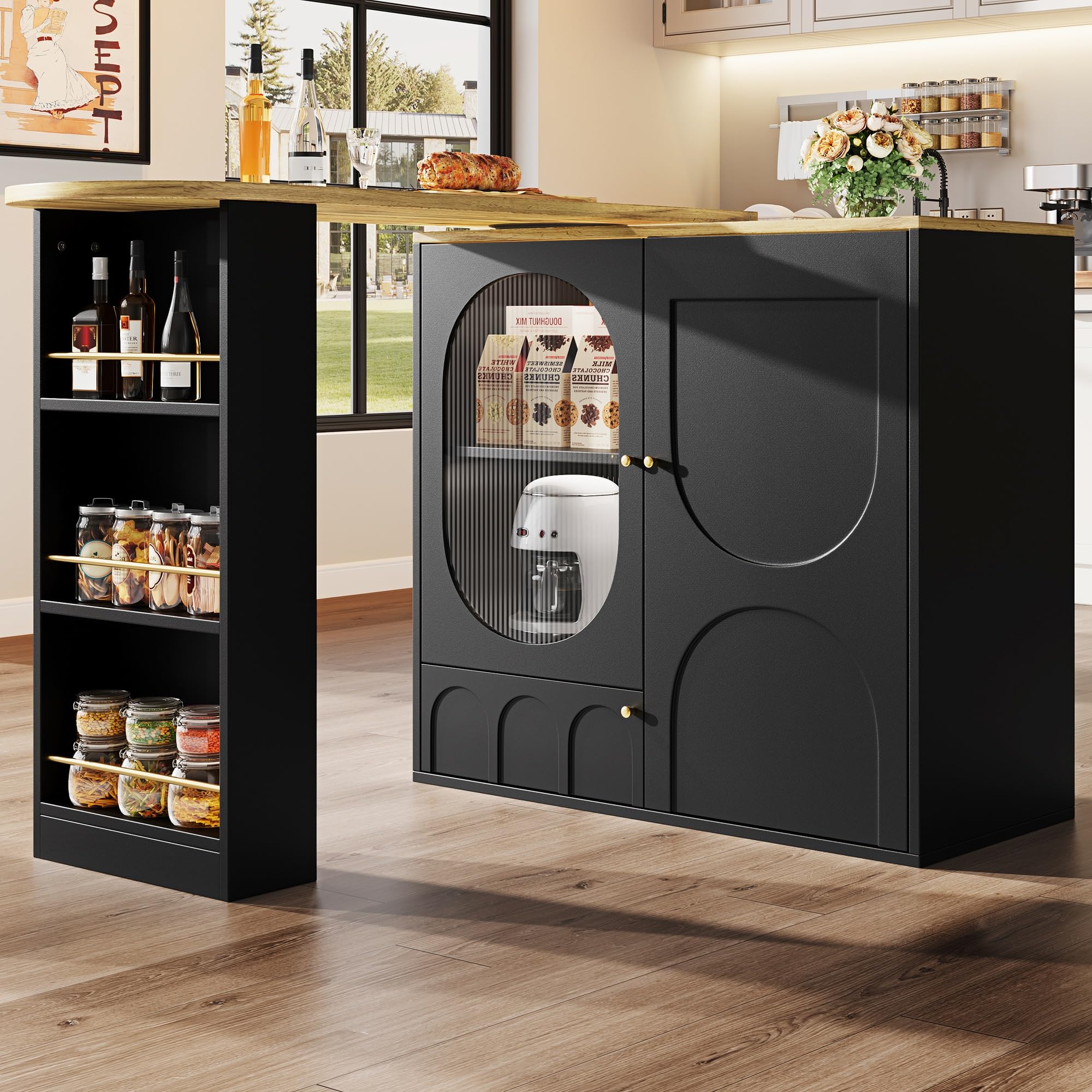 Mesa de bar giratoria 360° negra de MDF y metal con 3 puertas e isla de cocina