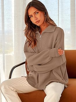 ANRABESS Women's Oversized Fashion Long Sleeve Quarter Zip Baggy