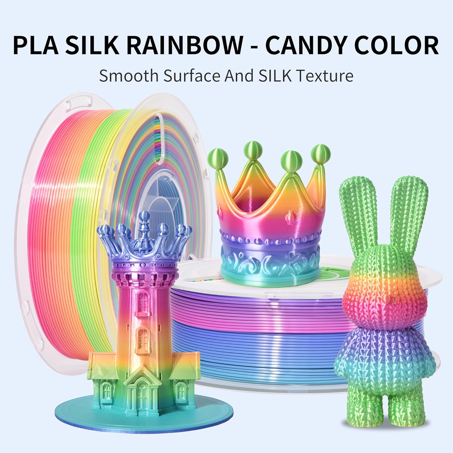 RAMBERY Silk Rainbow 3D Printer Filament 1.75mm Multi-Color PLA Filament Fast Color Change Candy Color 3D Printing Filament, 1kg Spool