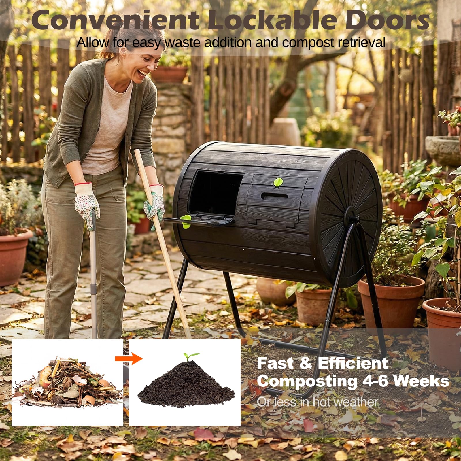 GiantexUK Dual Chamber Garden Compost Bin, 142L Tumbling Composter with 2 Doors & Metal Legs, BPA Free Outdoor Garden Rotating Composting Waste Box (Black) - 3