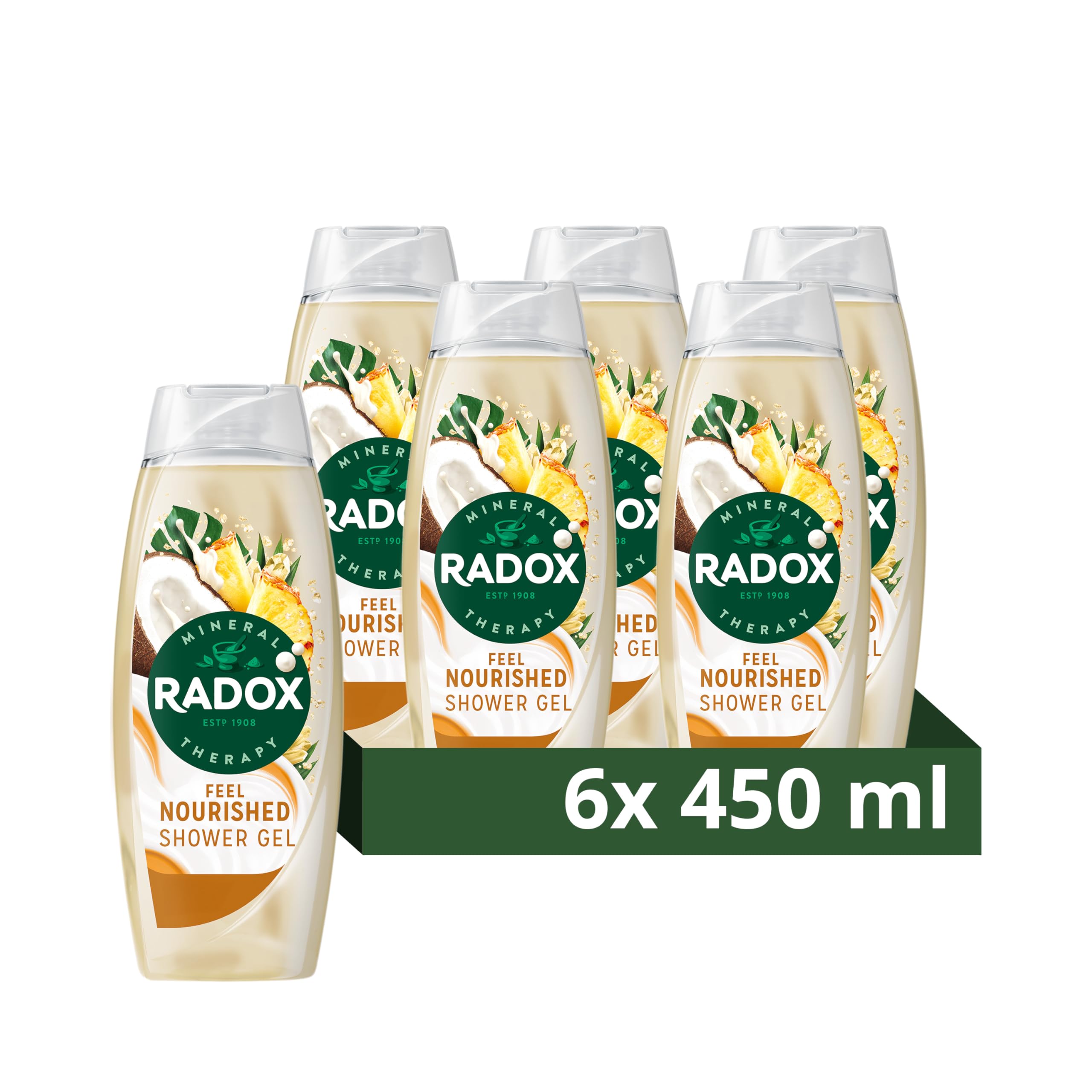 Radox Mineral Therapy Feel Nourished Shower Cream Body Wash uniquely blended with minerals, herbs and a coconut & pineapple scent for a mood-boosting experience 6x 450 ml