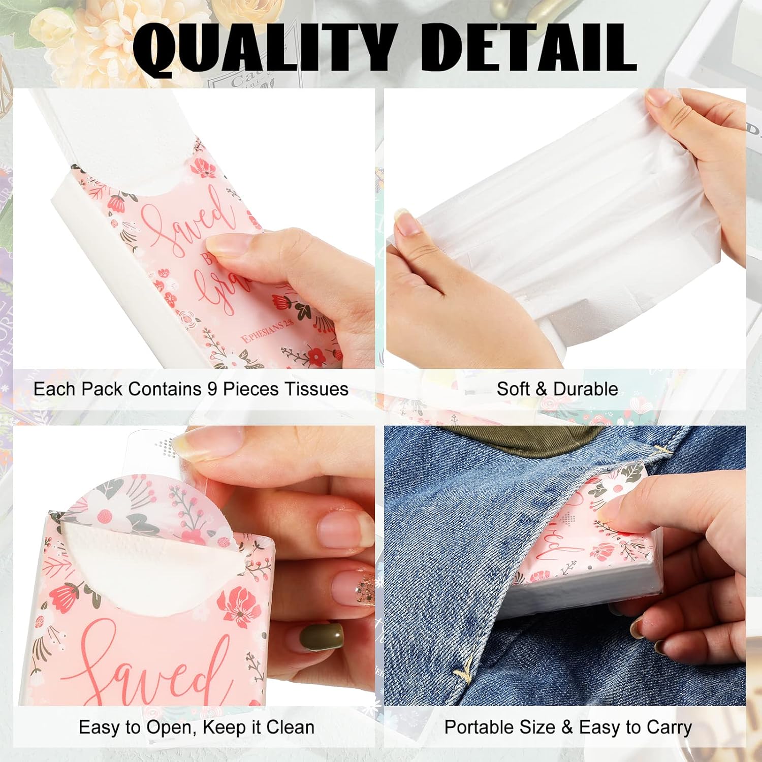 Outus 60 Pack Christian Pocket Tissues Travel Size 4 Ply Bible Verse Tissues Bulk 600 Sheets Inspirational Facial Individual Religious Gift for Christmas Church Wedding Travel(Flower Style)