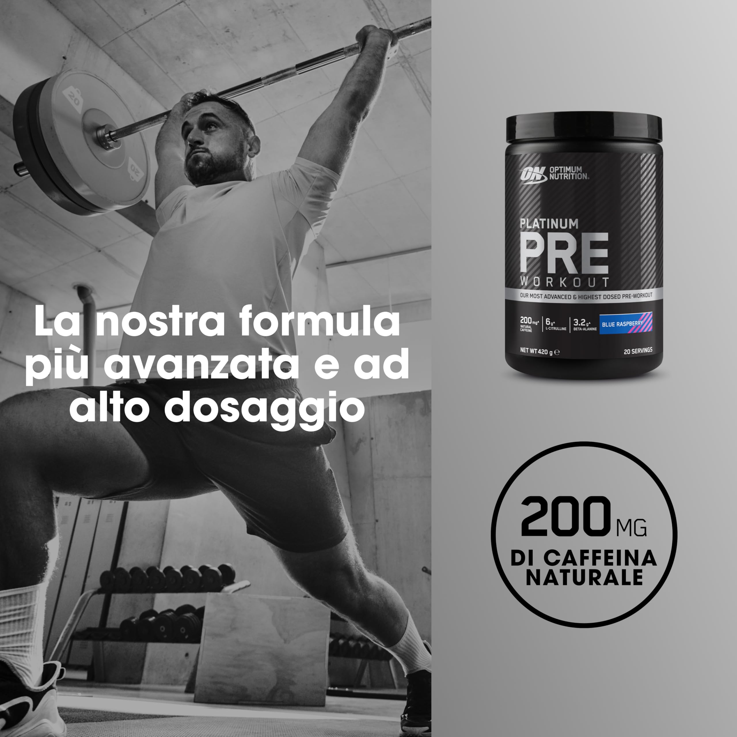 Optimum Nutrition ON Platinum PUMP Pre-Workout, Integratore Alimentare Pre-Workout Intenso Senza Caffeina con Fruitflow, Beta-Alanina, L-Arginina, L-Citrullina, Gusto Lampone Blu, 20 dosi, 420 g