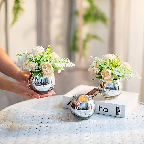 Miniatura 6 de Glasseam Jarrones plateados para centros de mesa, juego de 6 jarrones redondos de vidrio, jarrón pequeño de mercurio para flores, jarrones modernos