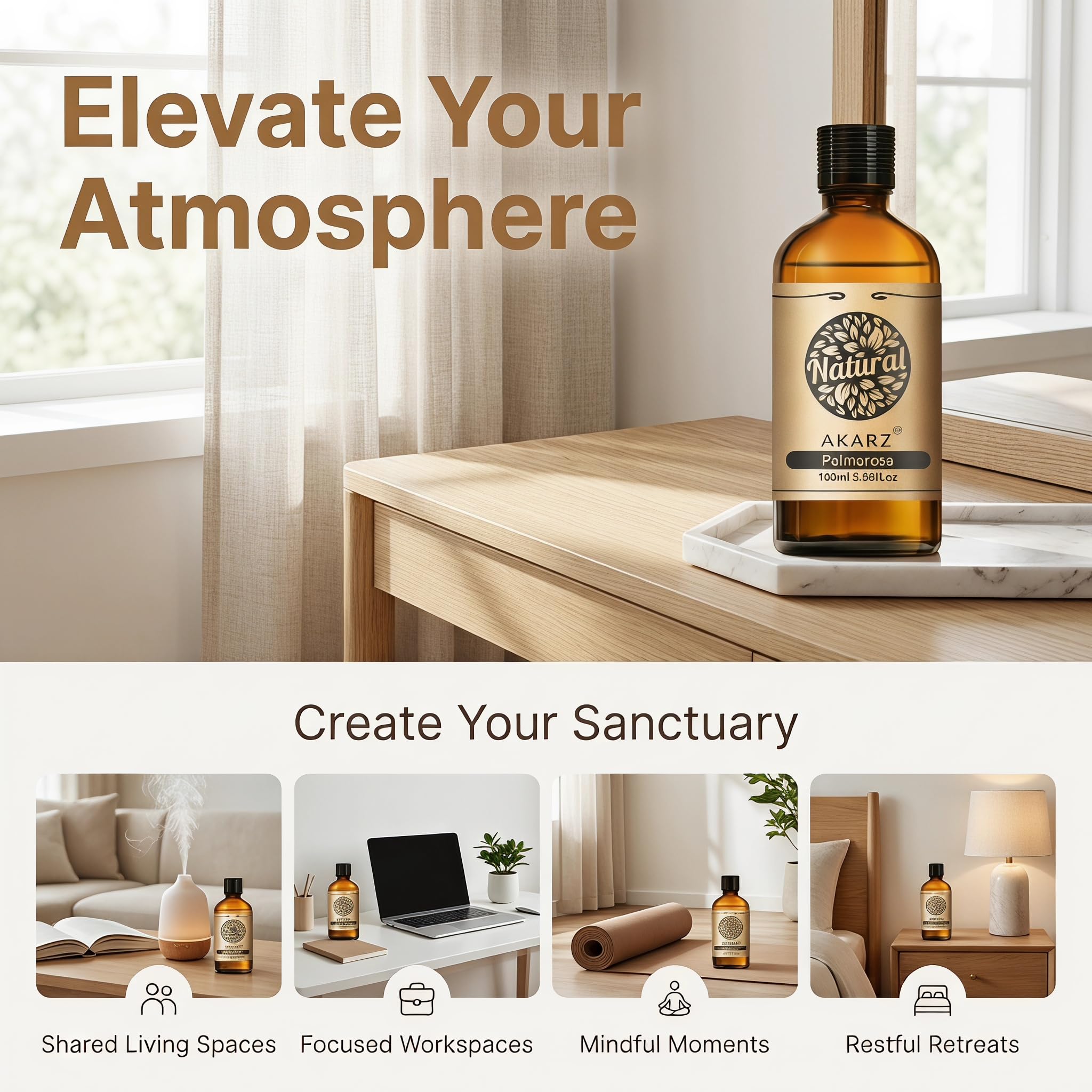 AKARZ 100ml Olejek esencjny z Palmaroza - Naturalny olejek aromatyczny do dyfuzorów, lamp aromatycznych i aromatów pomieszczeń