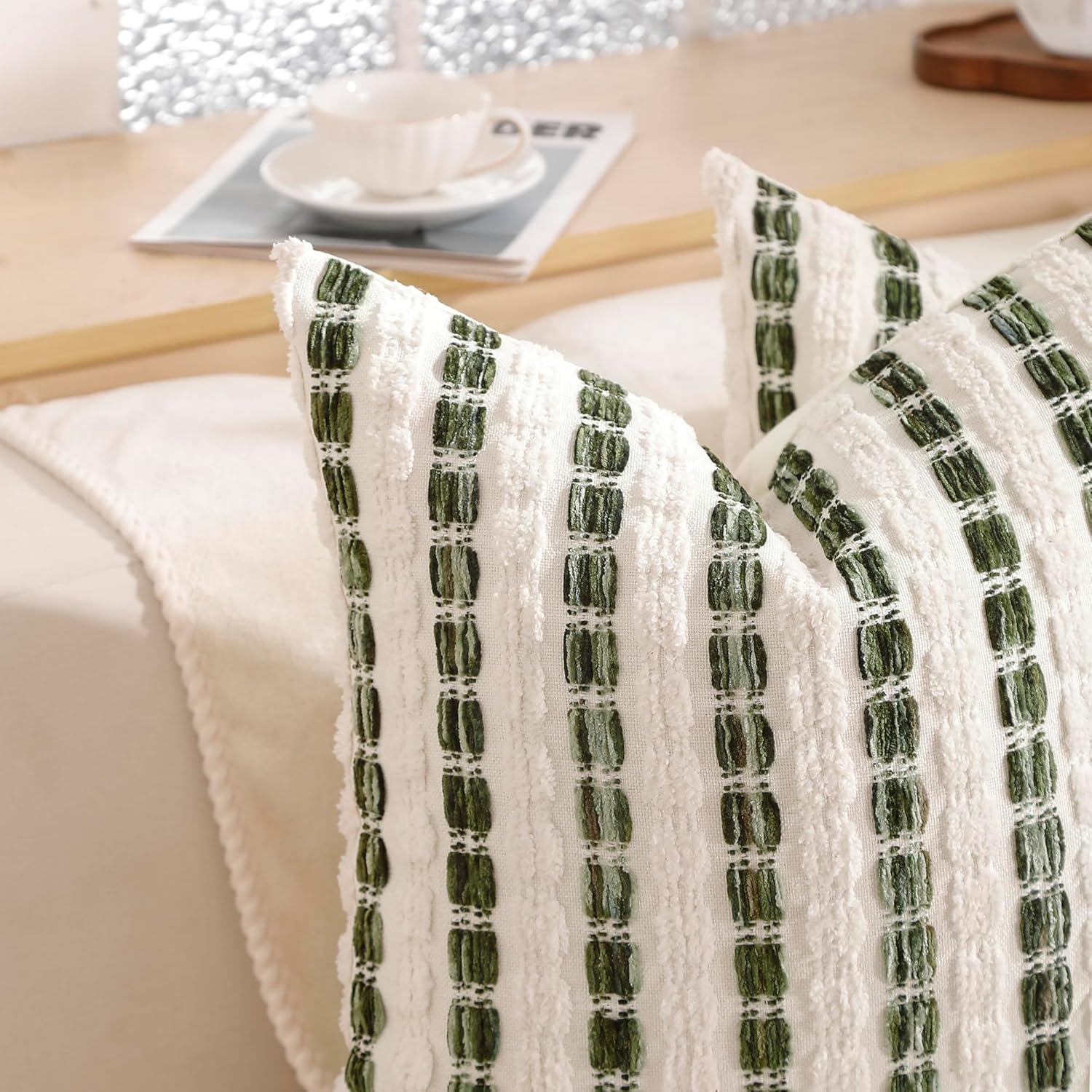 Pillow Covers 18x18 Set of 2 Dark Green Striped Throw Pillow Covers Chenille Decorative Pillows Square Cushion Cover for Sofa Couch Bed Living Room Winter Decoratives.