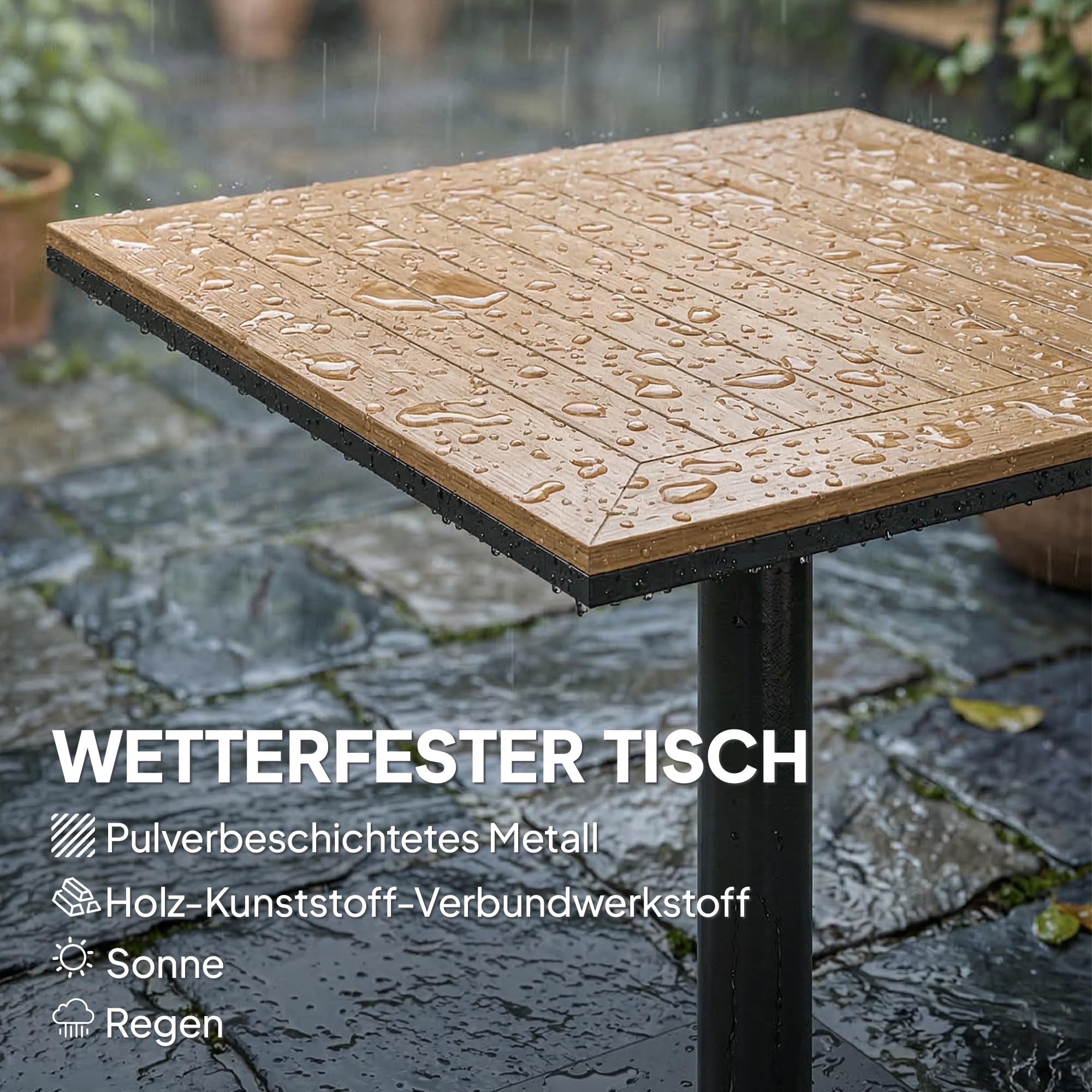 Outsunny Table d'appoint 70 x 70 cm - Résistante aux intempéries - Avec large base aspect bois - Table de balcon carrée - Charge maximale : 30 kg - Table de bistrot pour jardin, terrasse, balcon